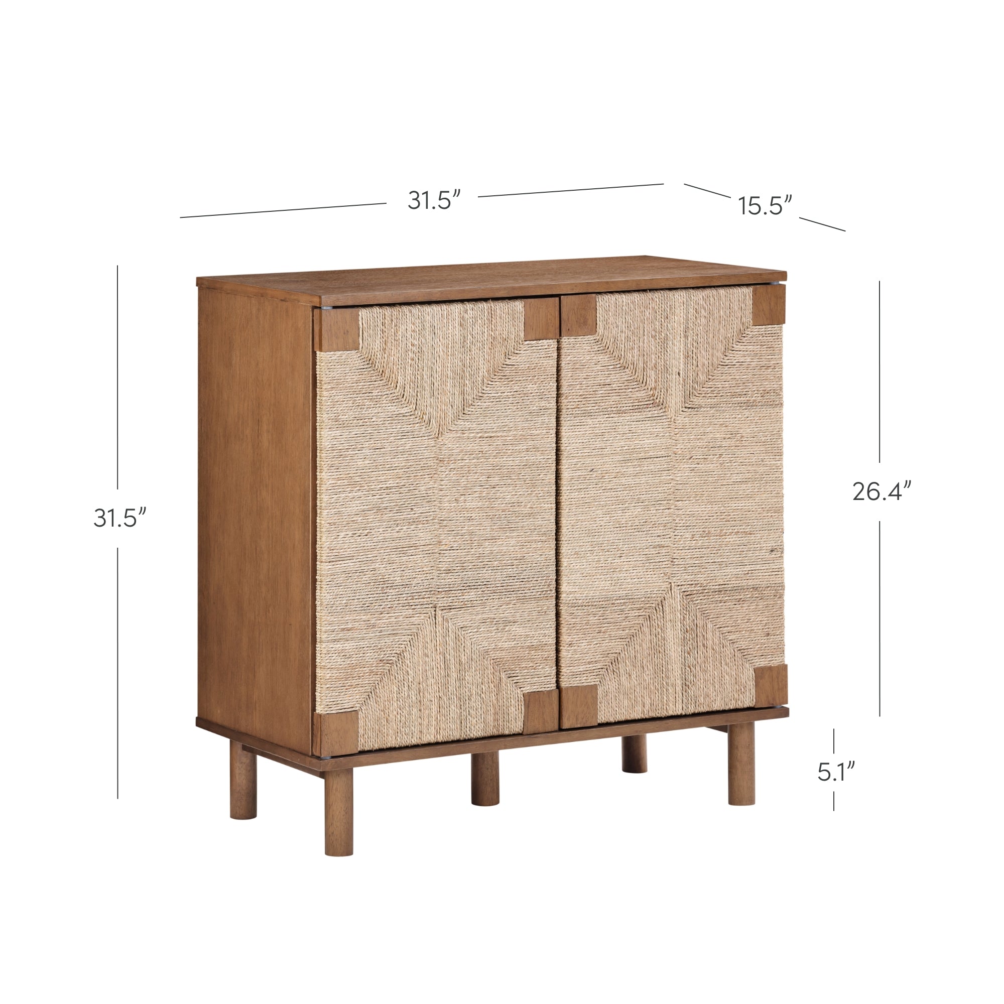 Wooden cabinet with textured double doors, four short cylindrical legs, and corner accents. Dimensions are shown: 31.5 wide, 15.5 deep, 31.5 high, 26.4 door height, and 5.1 leg height.