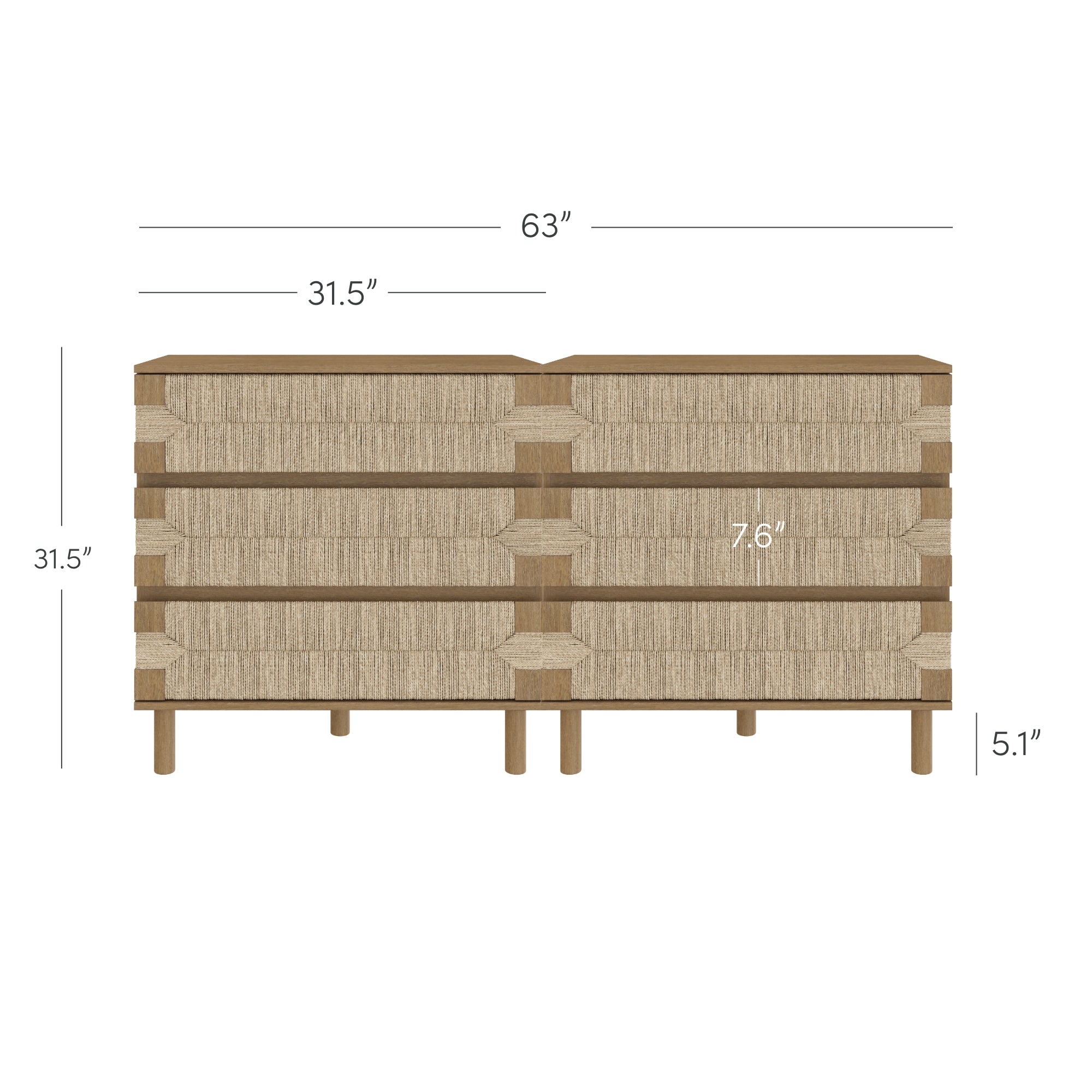 A front view of a wooden dresser with six drawers, measuring 63 inches wide, 31.5 inches tall, and 5.1 inches leg height. Each drawer is 31.5 inches wide and 7.6 inches tall.