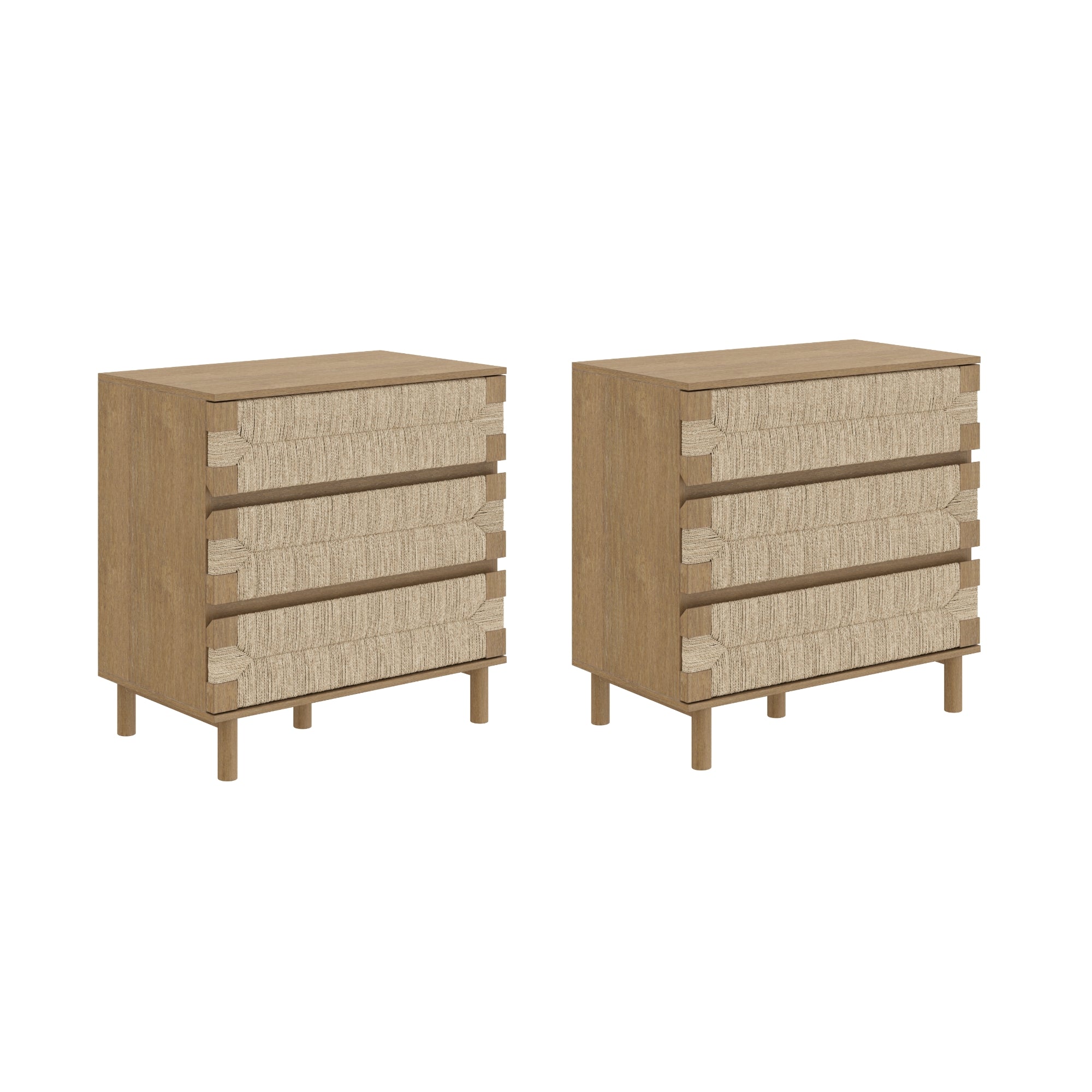Two identical wooden dressers with three textured beige drawers each, featuring simple, modern design and rounded legs, placed side by side against a white background.