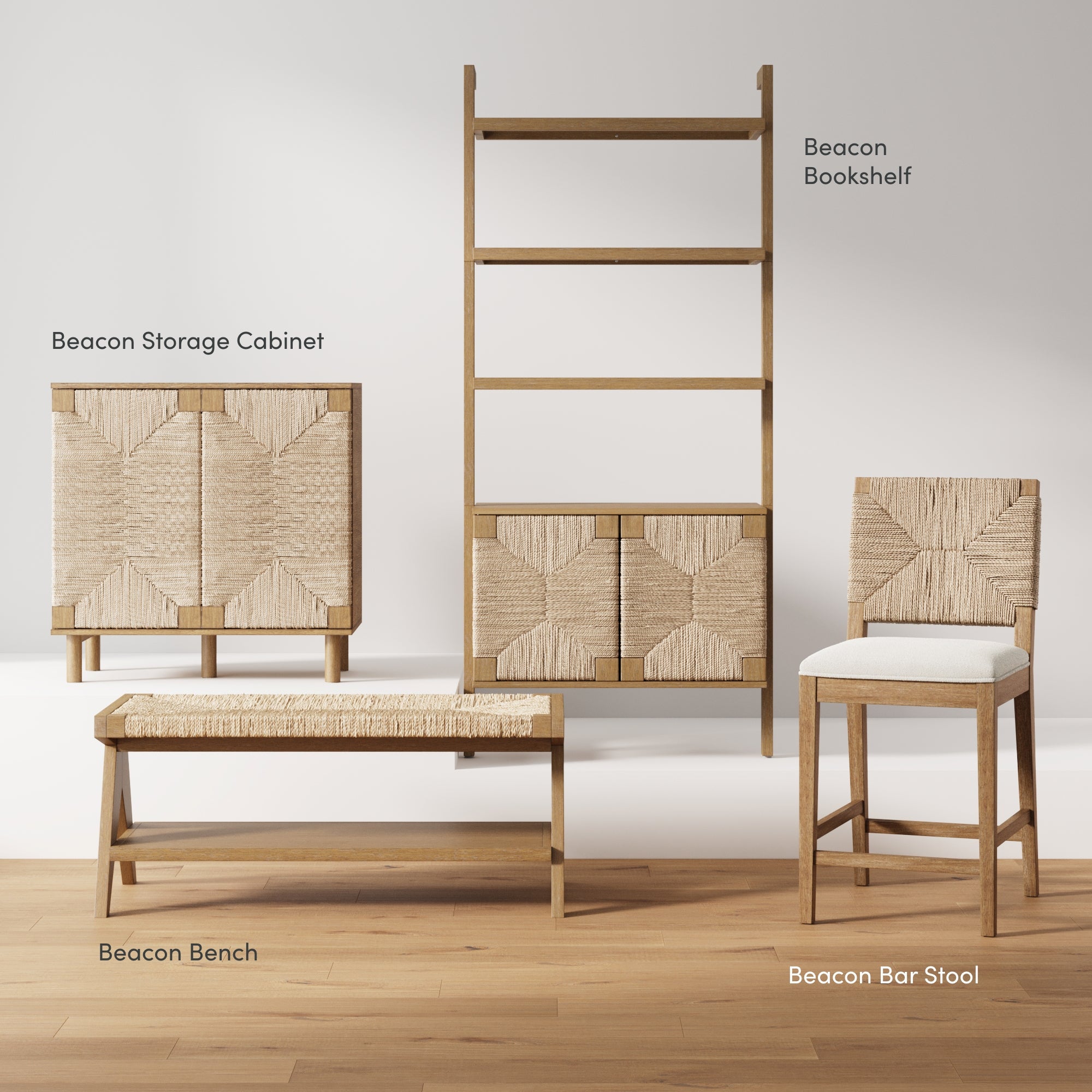 Four pieces of woven and wood furniture—a bench, storage cabinet, bookshelf, and bar stool—labeled and displayed on a light wood floor against a white wall.