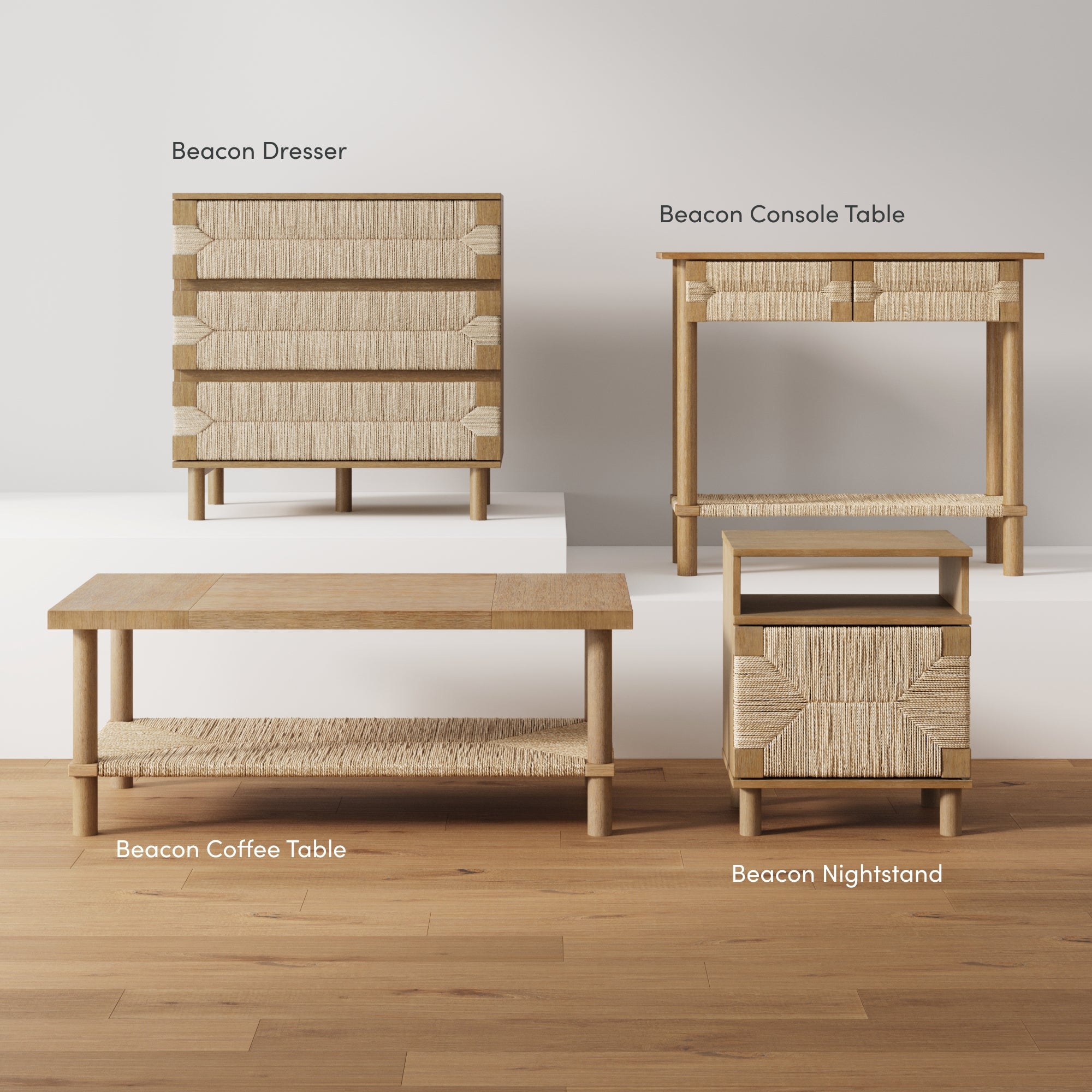 Four pieces of light wood furniture are displayed: a dresser, a console table, a coffee table, and a nightstand, each with woven rattan details, arranged on white platforms against a minimalist background.