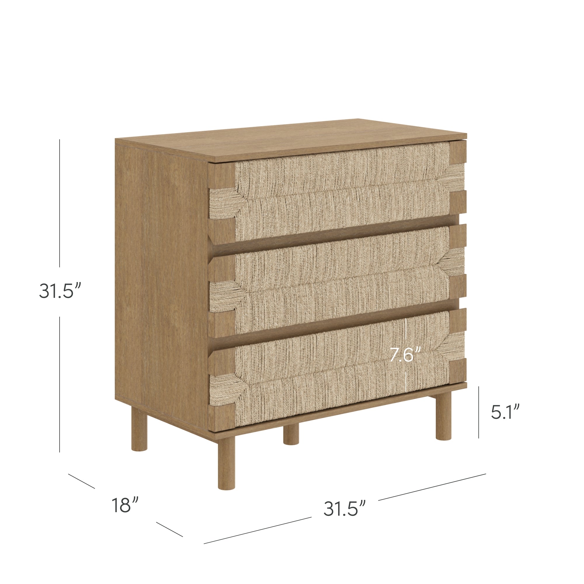 A wooden chest with four woven drawers, standing on four legs. Dimensions are labeled: 31.5 inches tall, 31.5 inches wide, 18 inches deep, drawers are 7.6 inches tall, and legs are 5.1 inches high.