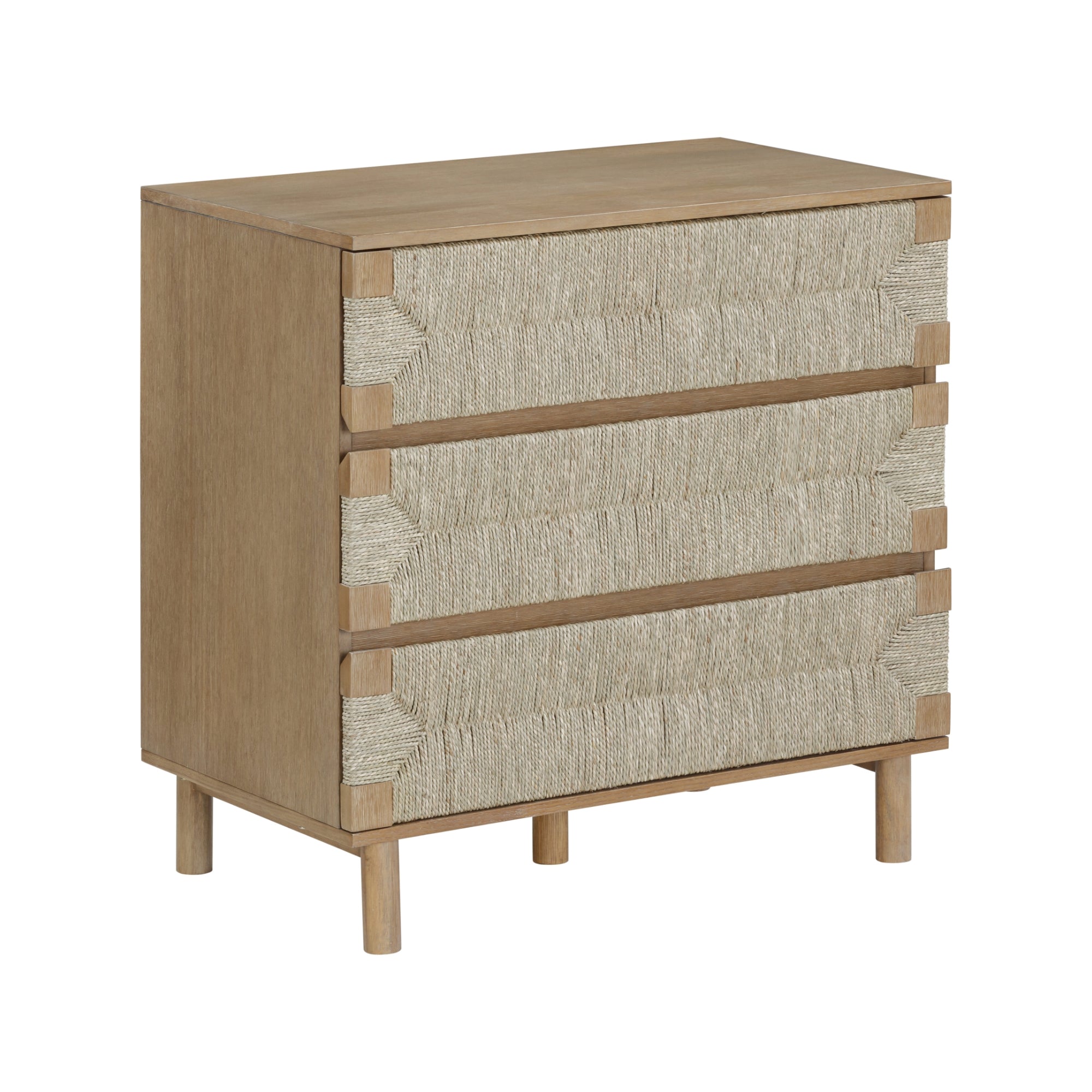 A wooden dresser with three drawers featuring textured, light-colored woven front panels, and four sturdy legs. The design is modern and minimalistic.