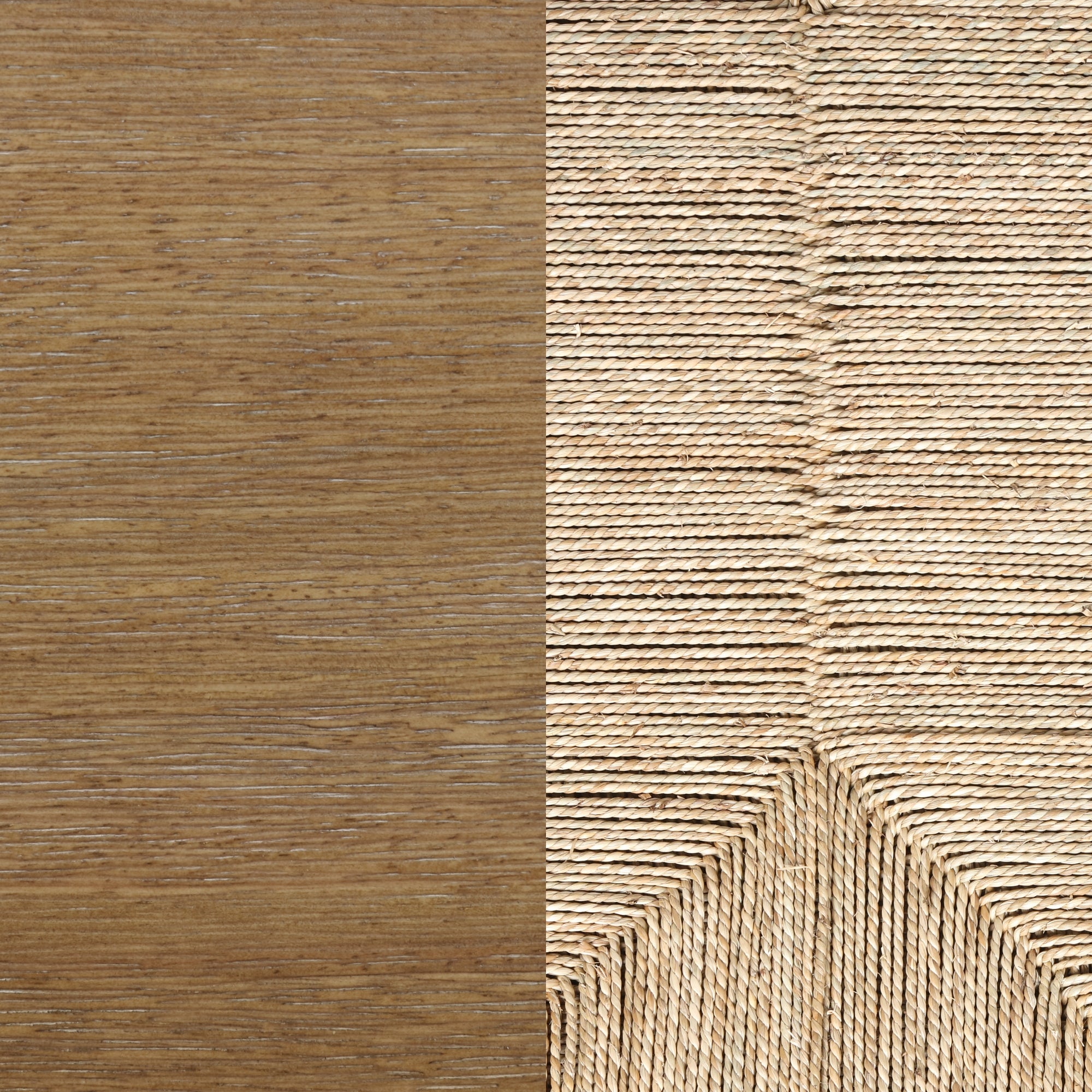 A split image: the left side shows a smooth, light brown wooden surface, while the right side displays a close-up of textured, woven rope forming angular patterns.