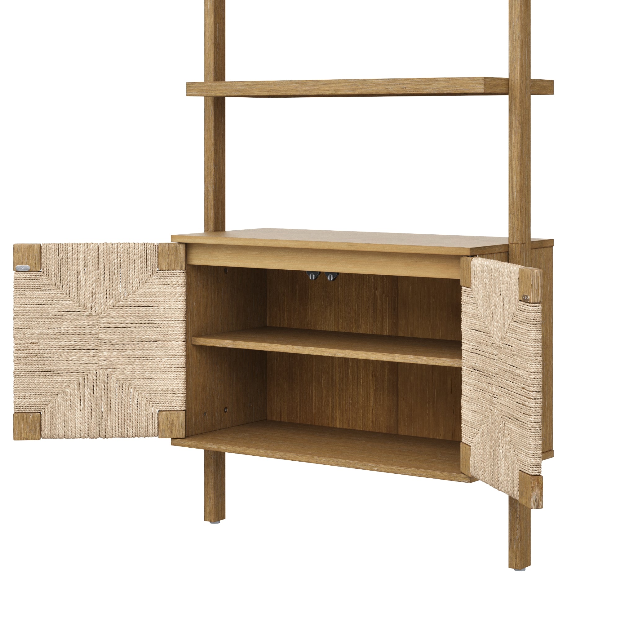 A wooden shelving unit with two open woven doors, revealing two interior shelves. The design features vertical supports and additional open shelves above the cabinet section.