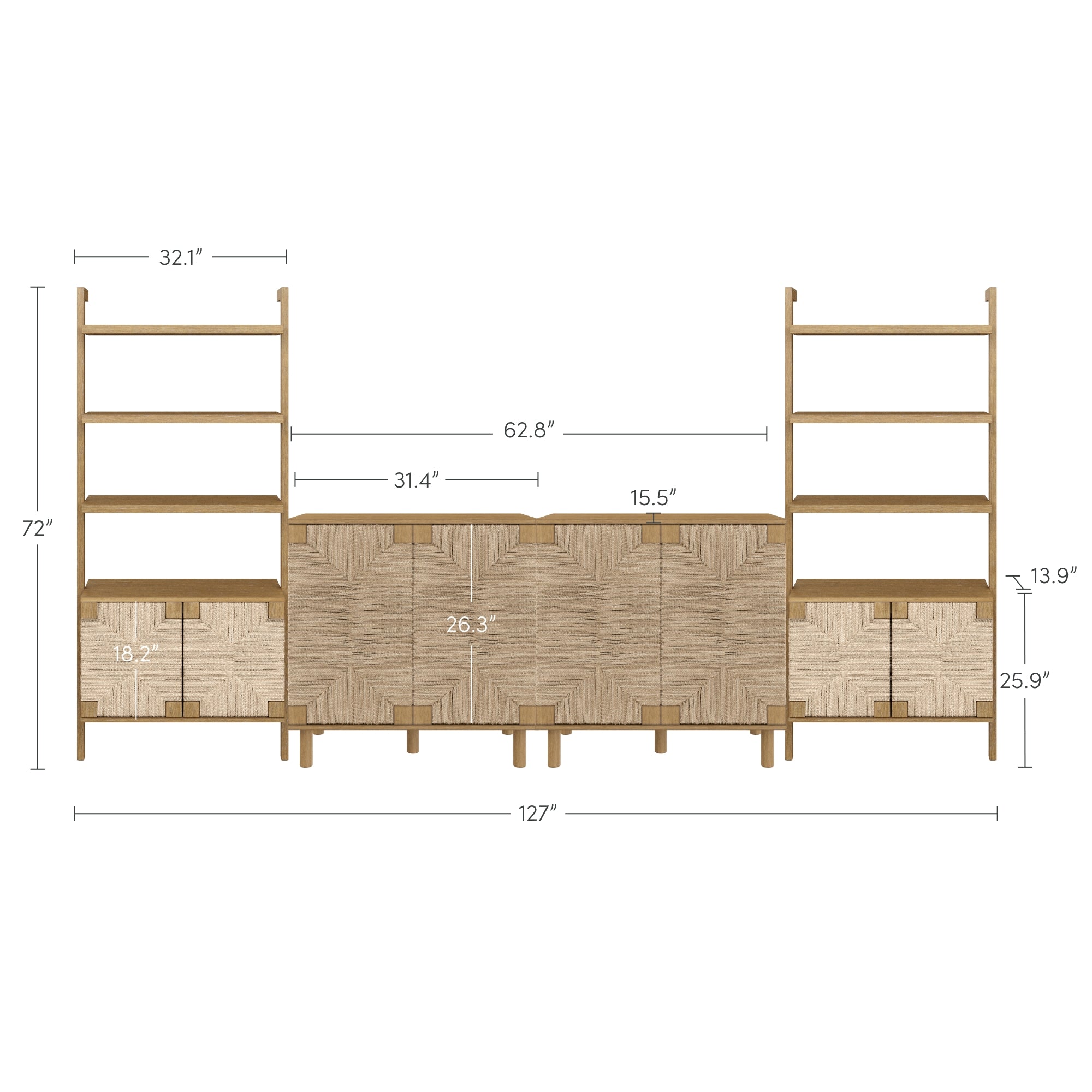 Wall unit with two tall shelving sections on each side and cabinets in the center. Dimensions are labeled, including total width of 127”, height of 72”, and various section measurements in inches.