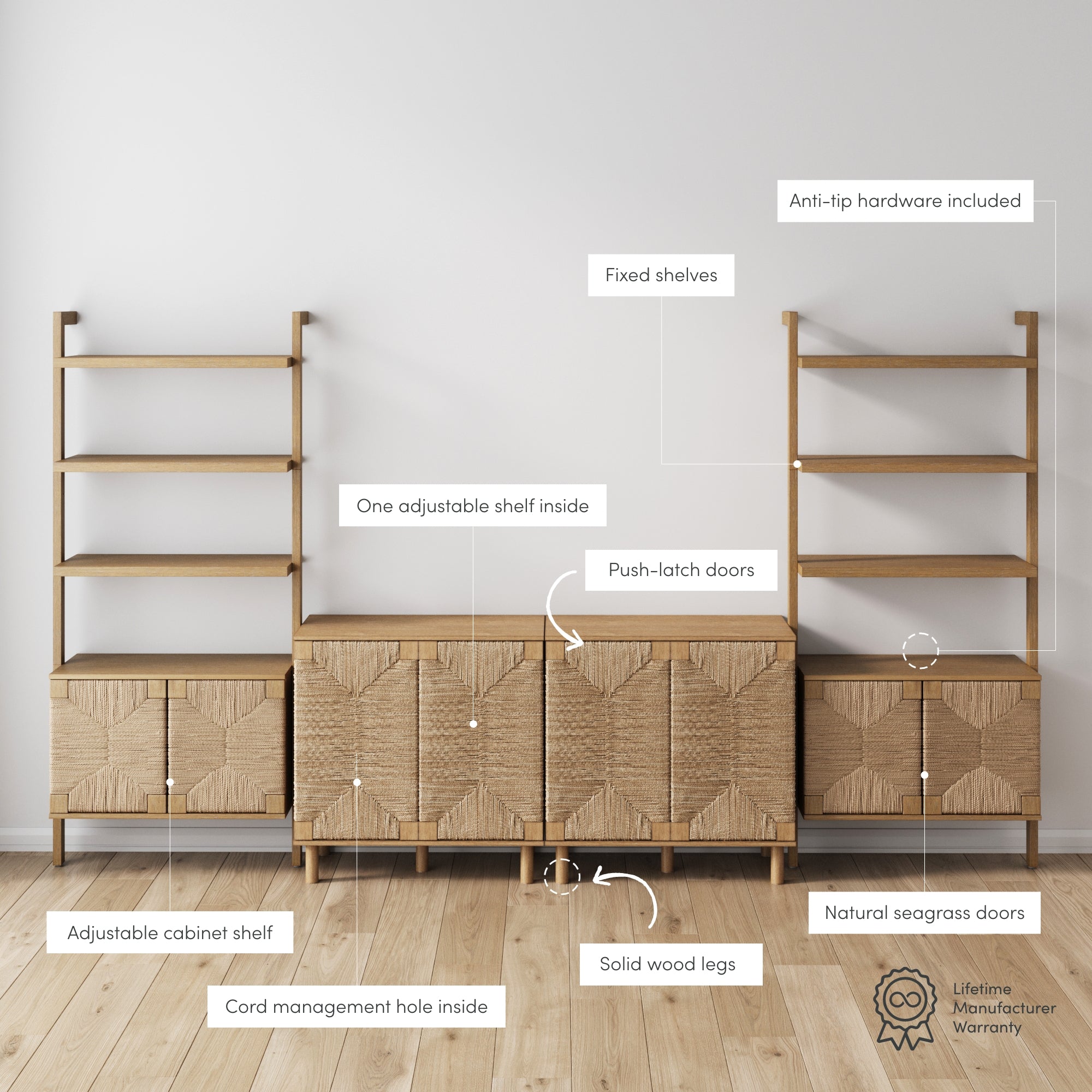 A natural wood storage unit with seagrass doors has shelving and cabinets labeled with features such as fixed shelves, adjustable shelves, push-latch doors, solid wood legs, cord hole, and anti-tip hardware.