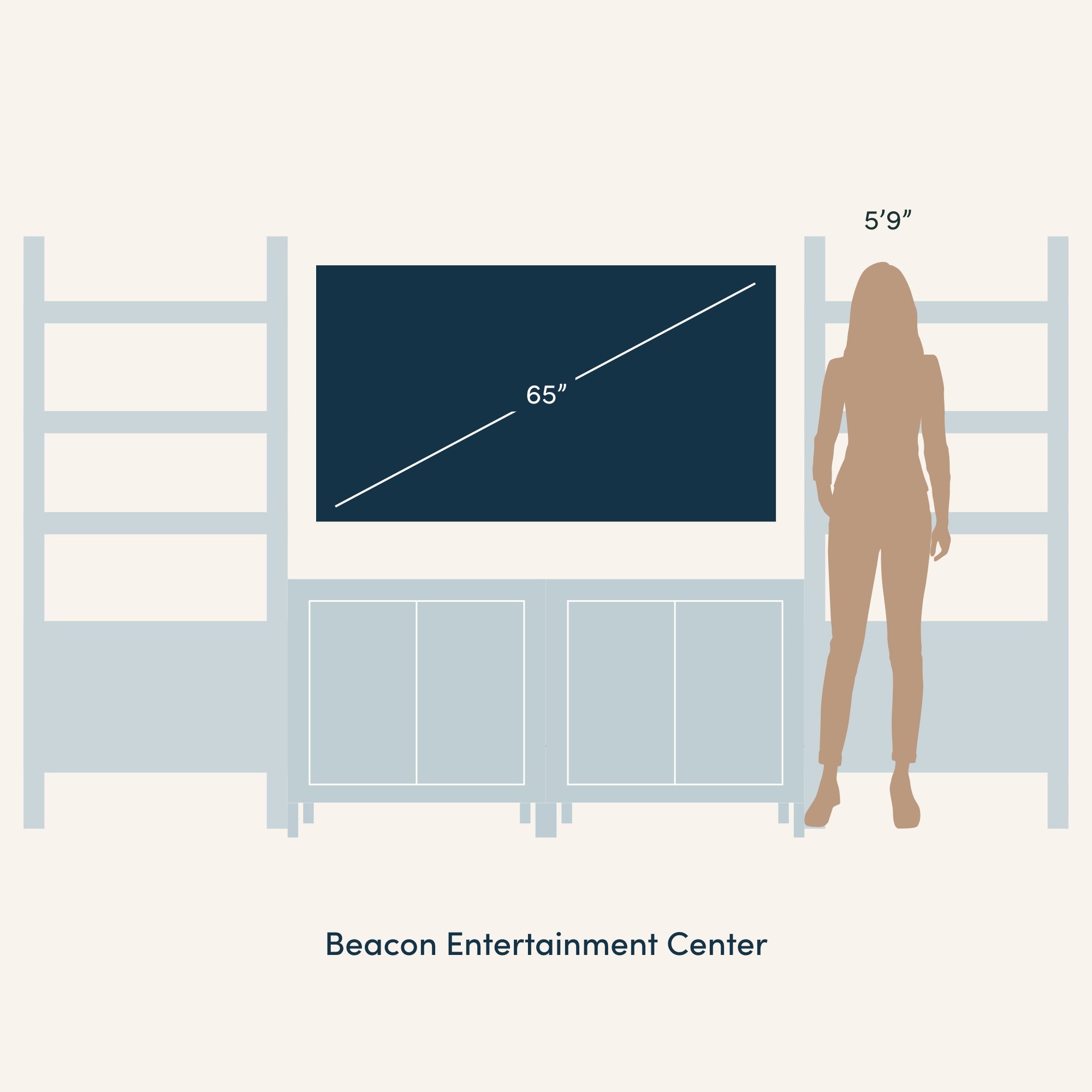 Diagram of a Beacon Entertainment Center with a 65-inch TV, shown next to a silhouette of a person who is 59 tall for scale. The TV is centered between shelves and cabinets.