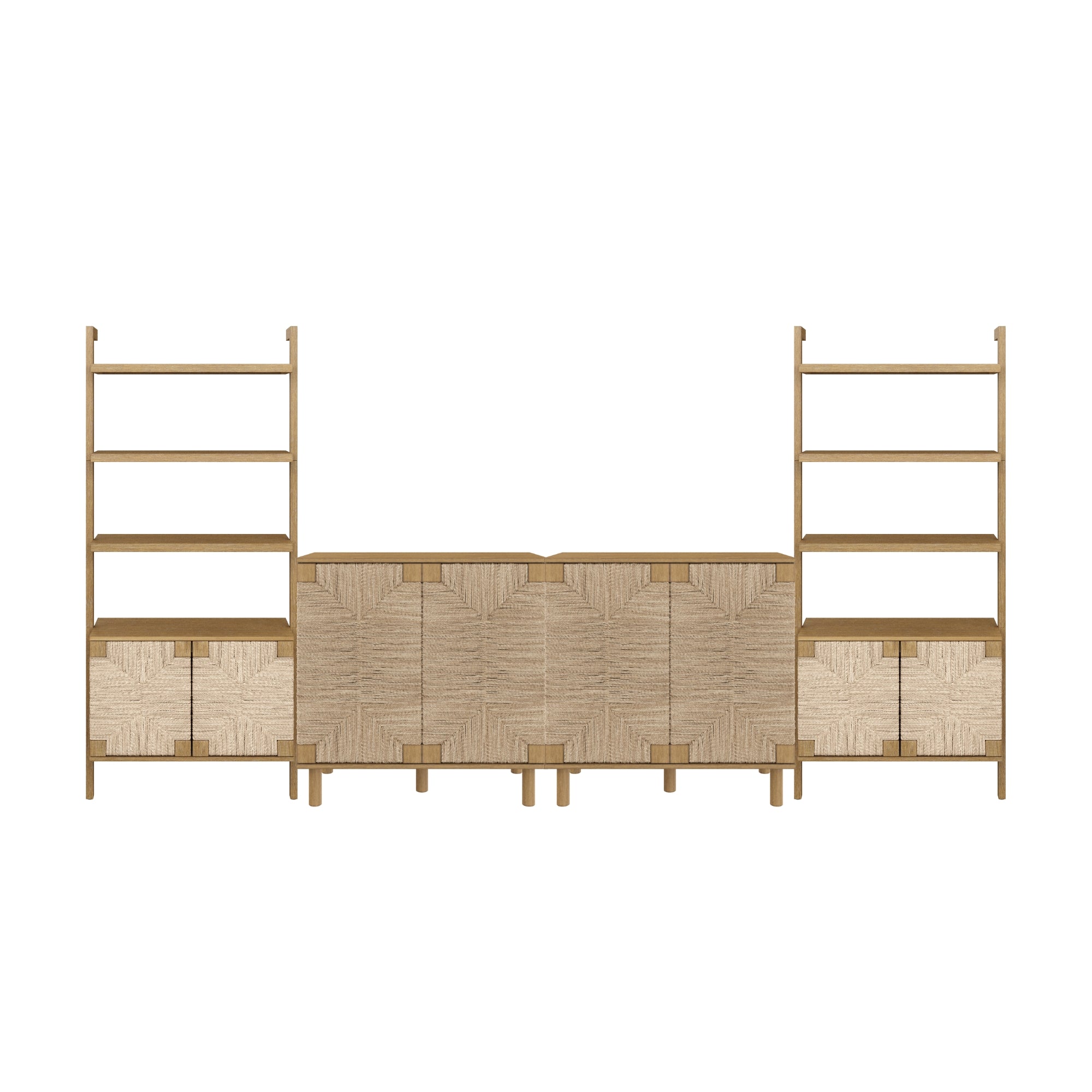 A modern wooden shelving unit with two tall open shelves on each side and a central section featuring four cabinet doors with a textured, patterned finish. The design is minimalist and symmetrical.