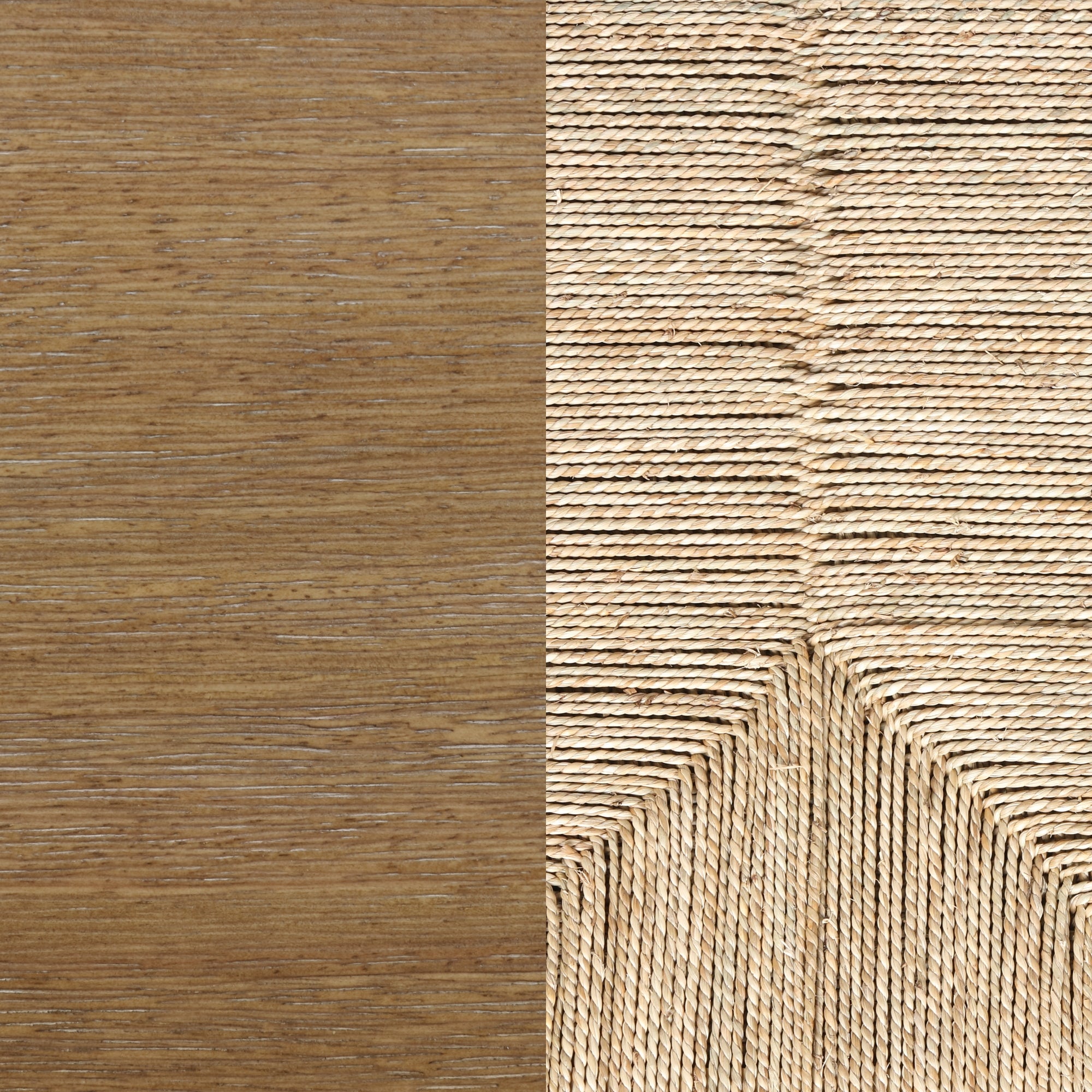 A close-up of two textures: on the left, smooth brown wood, and on the right, woven twine forming geometric patterns and sharp angles.