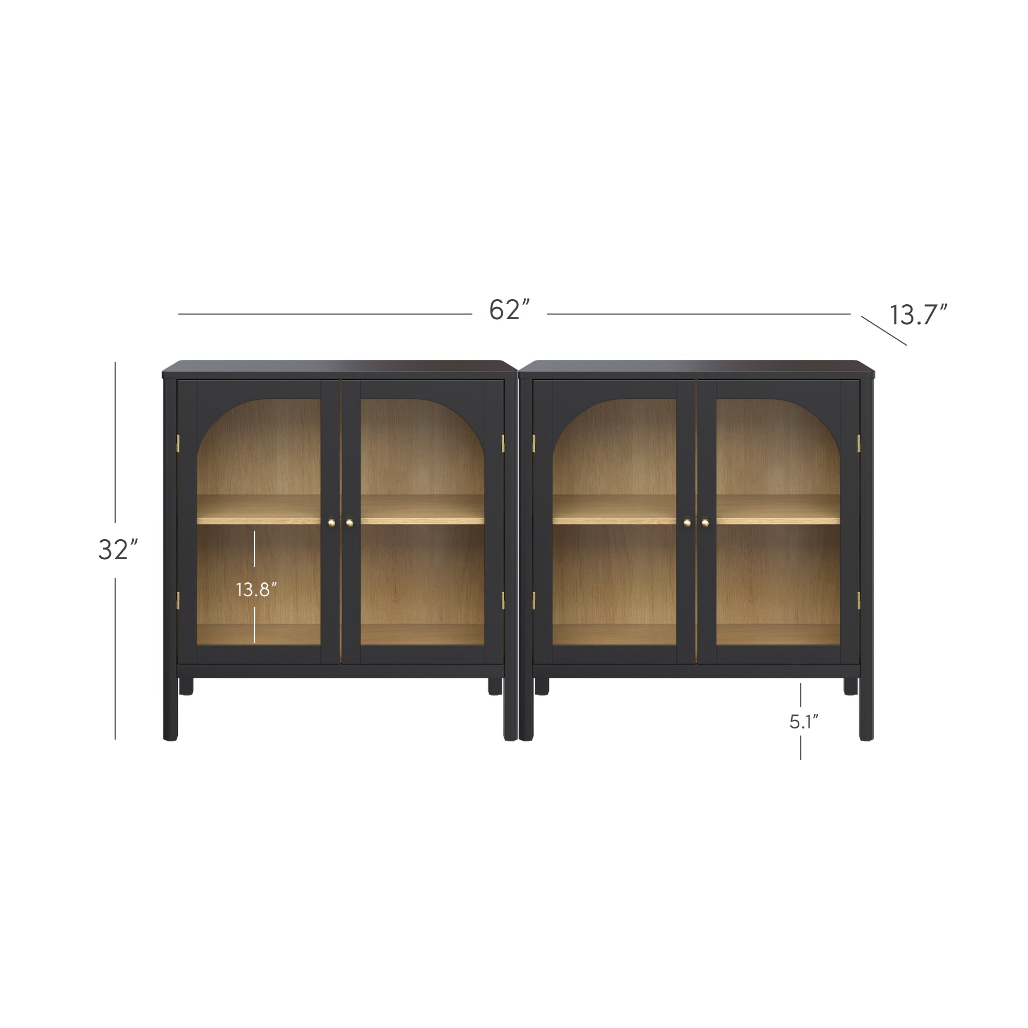Two black, glass-front cabinets with wooden interiors are placed side by side. Dimensions are shown: combined width 62 inches, height 32 inches, depth 13.7 inches, shelf height 13.8 inches, and base height 5.1 inches.