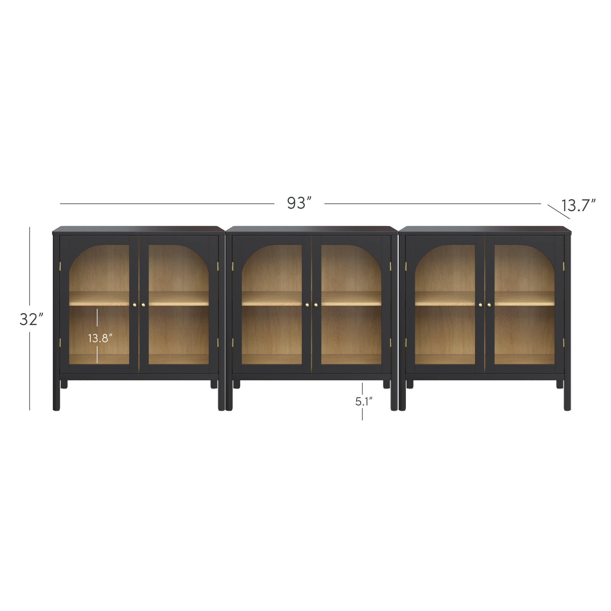 A black three-section cabinet with glass doors and wooden shelves is shown. Dimensions are labeled: 93 inches wide, 32 inches high, 13.7 inches deep, 13.8-inch shelf height, and 5.1-inch leg height.