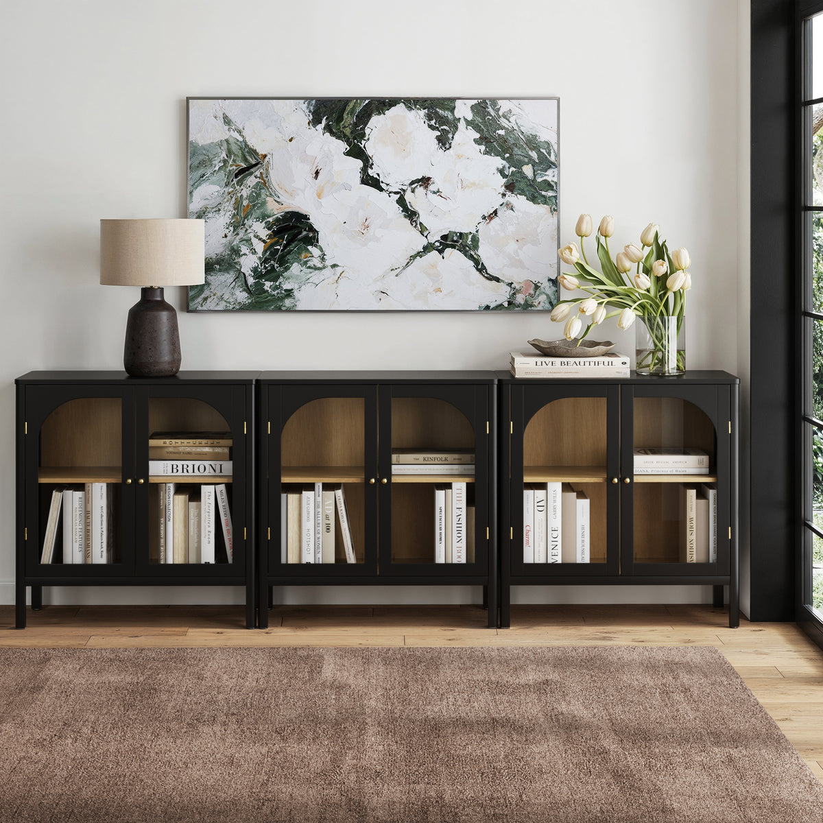 Arched Glass Door TV Console for TVs up to 75" Black