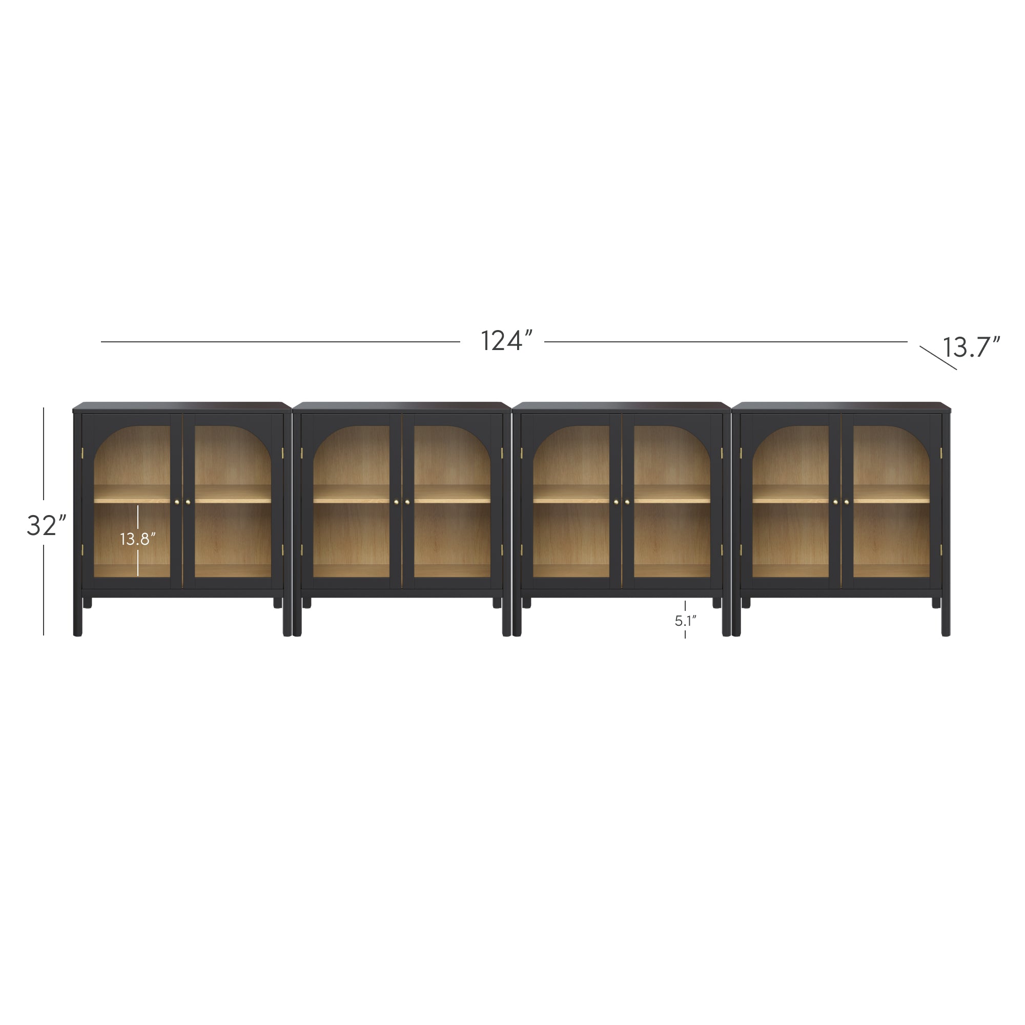 Four black cabinets with glass doors and wooden interiors are shown side by side. The total width is 124 inches, height is 32 inches, and depth is 13.7 inches. Individual cabinet and shelf measurements are also labeled.