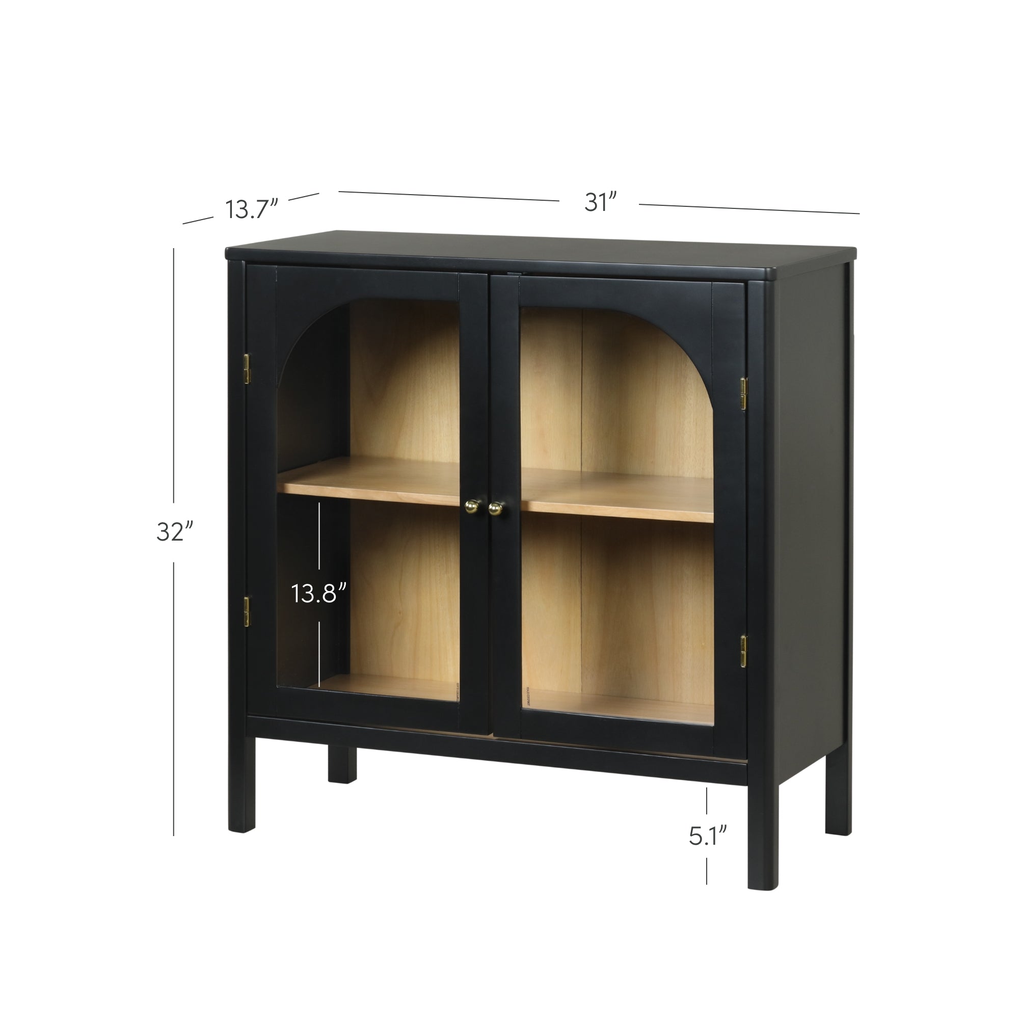 Black wooden cabinet with glass-paneled double doors, two shelves inside, and gold knobs. Dimensions shown: 32 tall, 31 wide, 13.7 deep, and 13.8 shelf height, with 5.1 leg height.