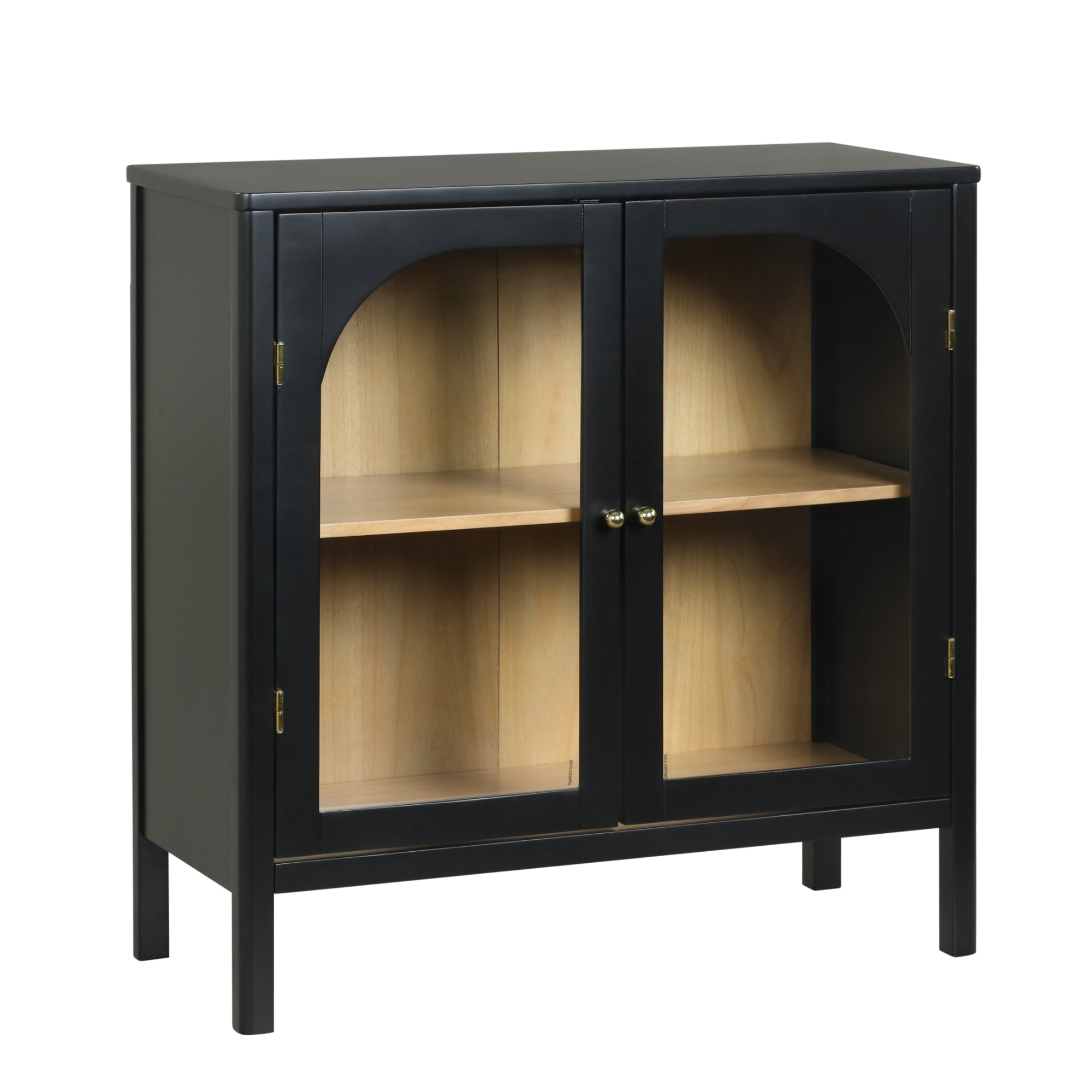 A black wooden cabinet with two glass doors, brass knobs, and an interior featuring a single wooden shelf dividing the storage into two sections. The cabinet has an arched design on the glass panels and stands on four legs.