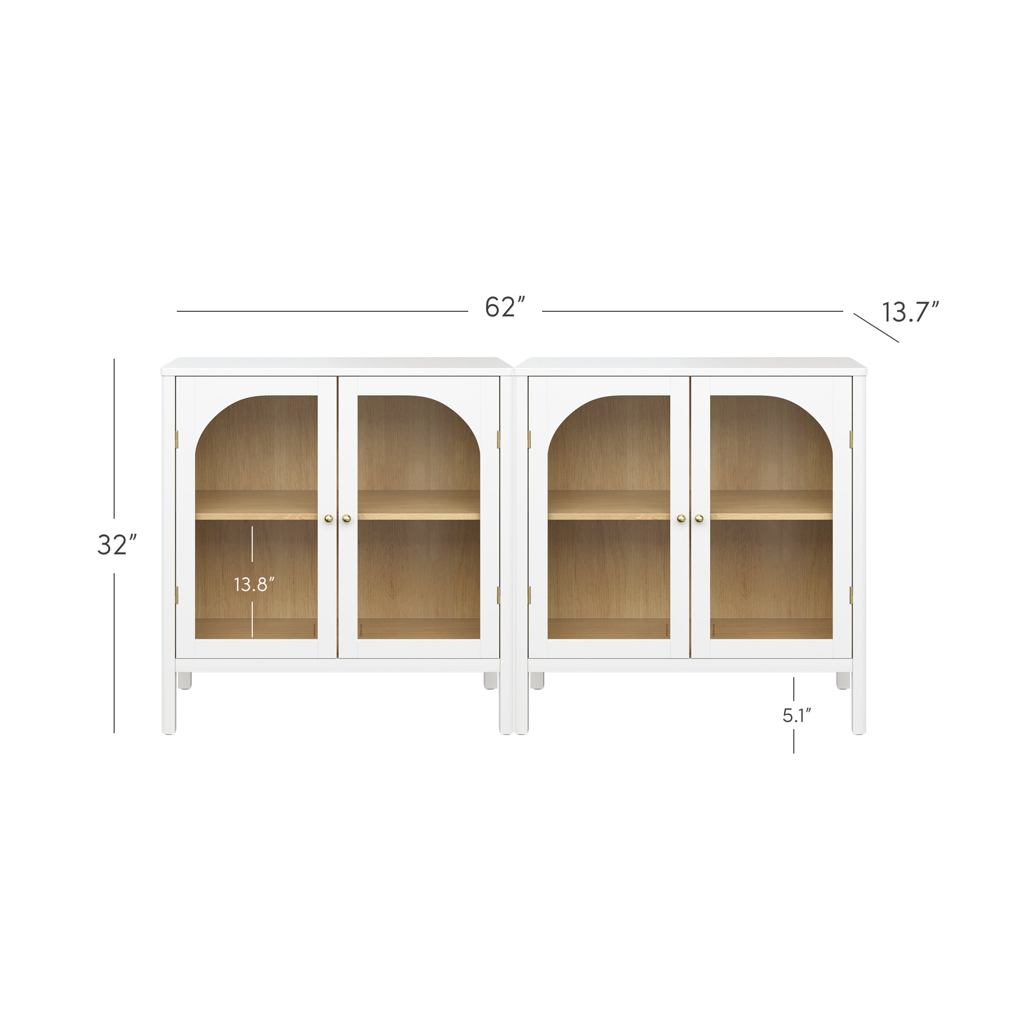 White wooden cabinet with two sections, glass doors, and brass handles. The cabinet measures 62 inches wide, 32 inches high, and 13.7 inches deep, with shelves inside measuring 13.8 inches high and 5.1 inches above the floor.