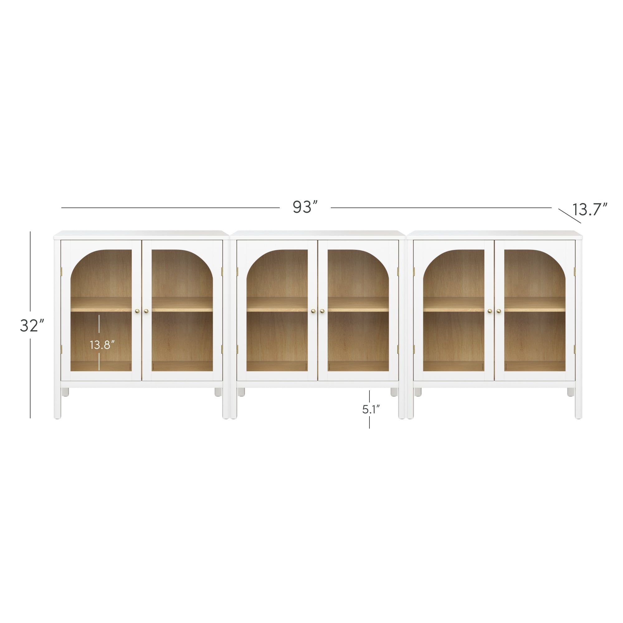 White four-door cabinet with glass doors, light wood interior, and shelves. Dimensions: 93 inches wide, 32 inches high, 13.7 inches deep, shelf height 13.8 inches, and leg clearance 5.1 inches.