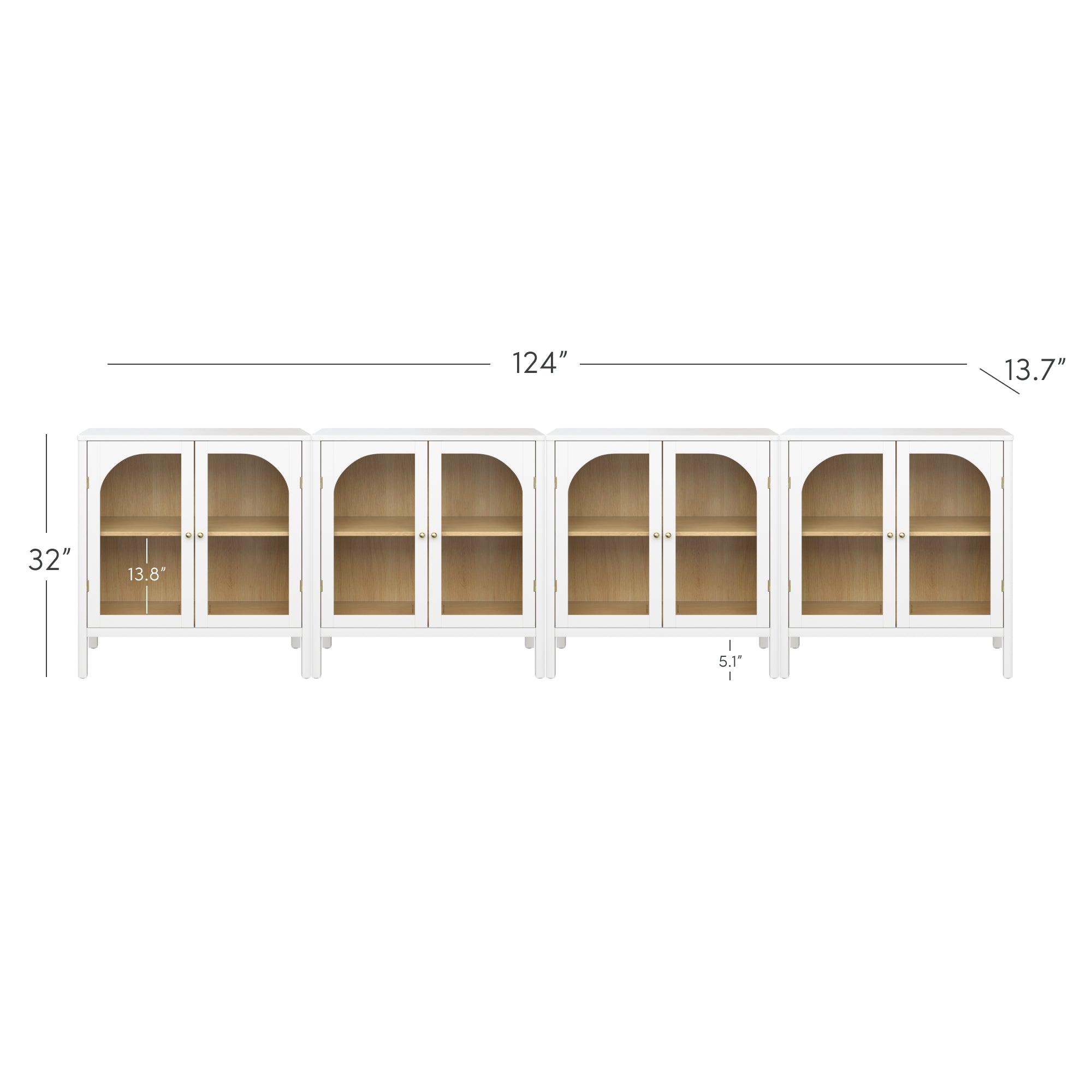 A long, white storage cabinet with glass doors and wooden shelves, measuring 124 inches wide, 32 inches high, and 13.7 inches deep. Each section has two doors and interior shelves. Individual shelf height is 13.8 inches.