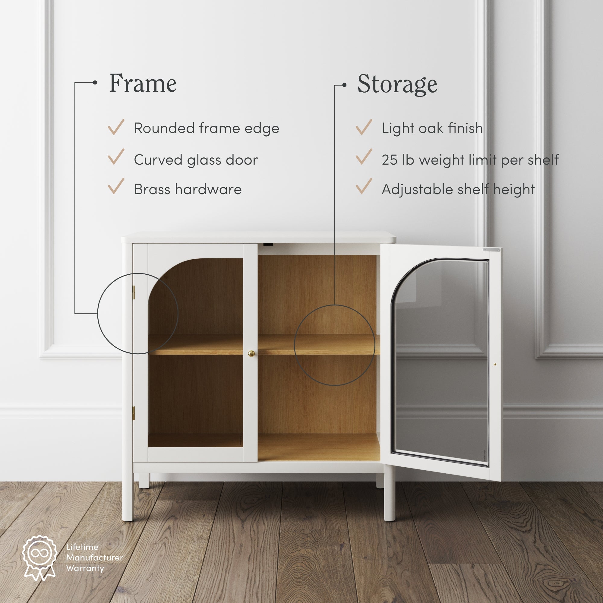 White cabinet with glass doors and brass hardware stands against a wall on wooden flooring. Text highlights features: rounded frame edge, curved glass door, brass hardware, light oak finish, 25 lb shelf limit, adjustable shelf height.