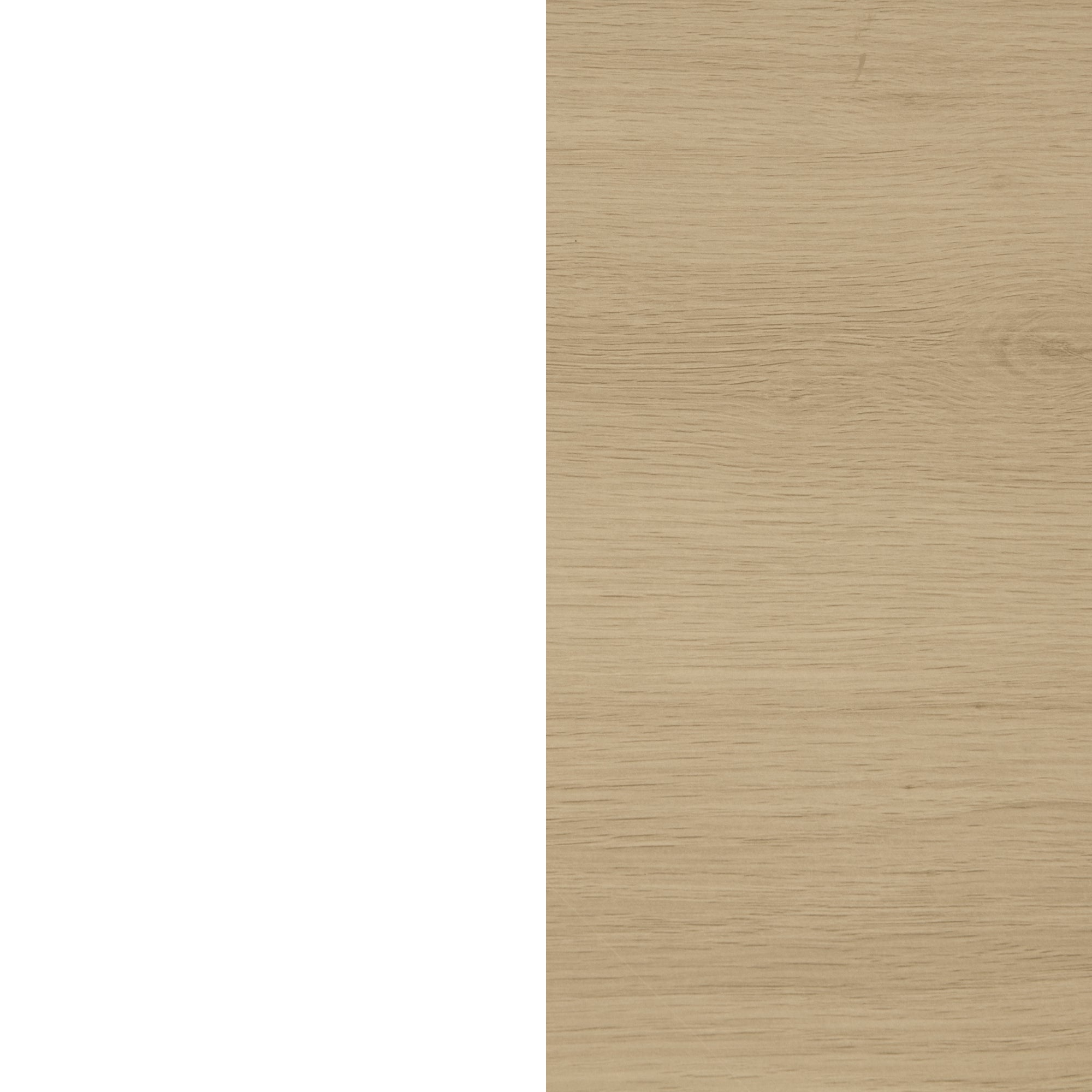 A vertical split image with the left half solid white and the right half featuring a light wood texture with visible grain patterns.