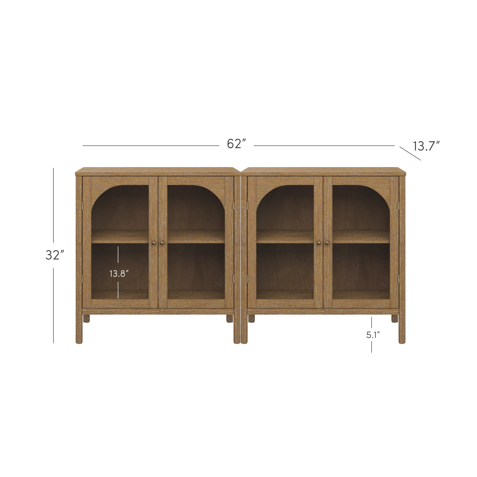 Two wooden cabinets with glass doors are placed side by side. Dimensions are shown: 62 inches wide, 32 inches tall, 13.7 inches deep, with a 13.8-inch shelf height and 5.1 inches of leg height.