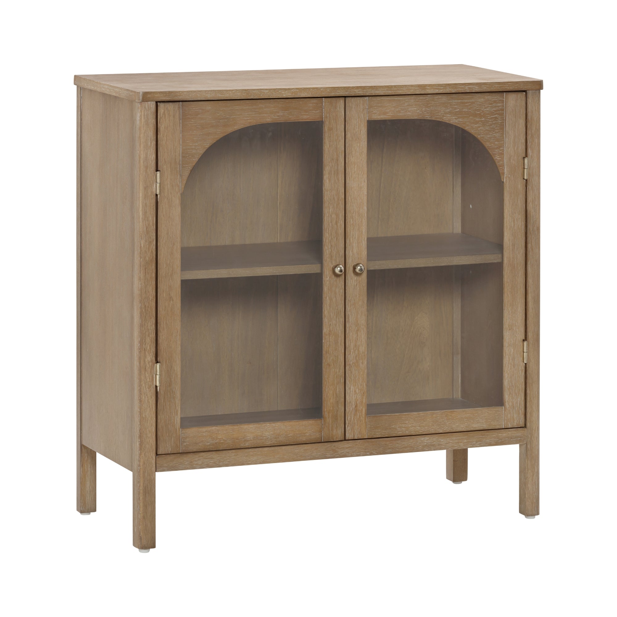 A wooden cabinet with two glass doors, metal knobs, and an interior shelf. The cabinet has a natural wood finish and simple, rectangular legs.