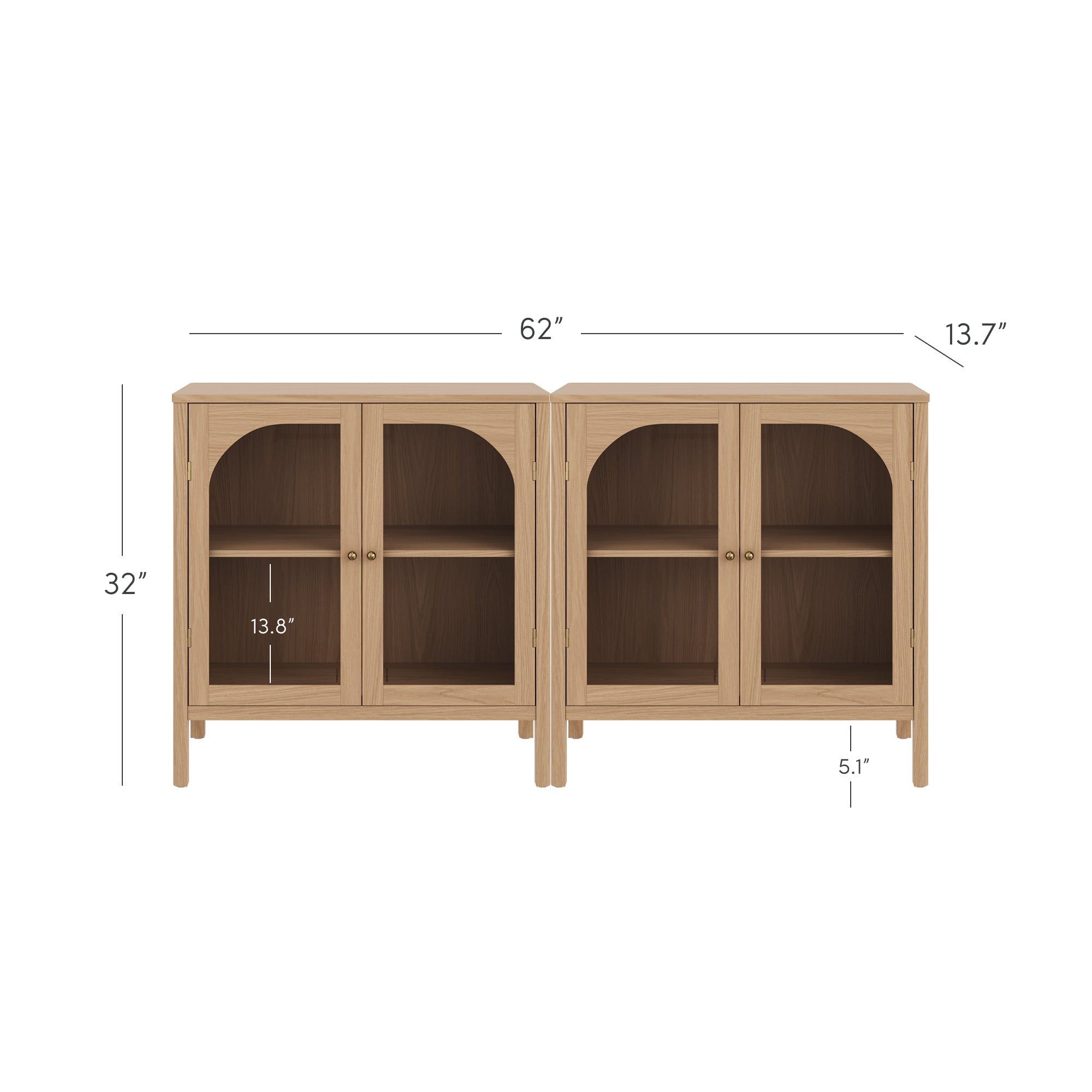 Two light wood cabinets with glass doors and interior shelves are placed side by side. The overall dimensions are 62 wide, 32 high, and 13.7 deep. The internal shelf height is labeled as 13.8 and the leg height as 5.1.