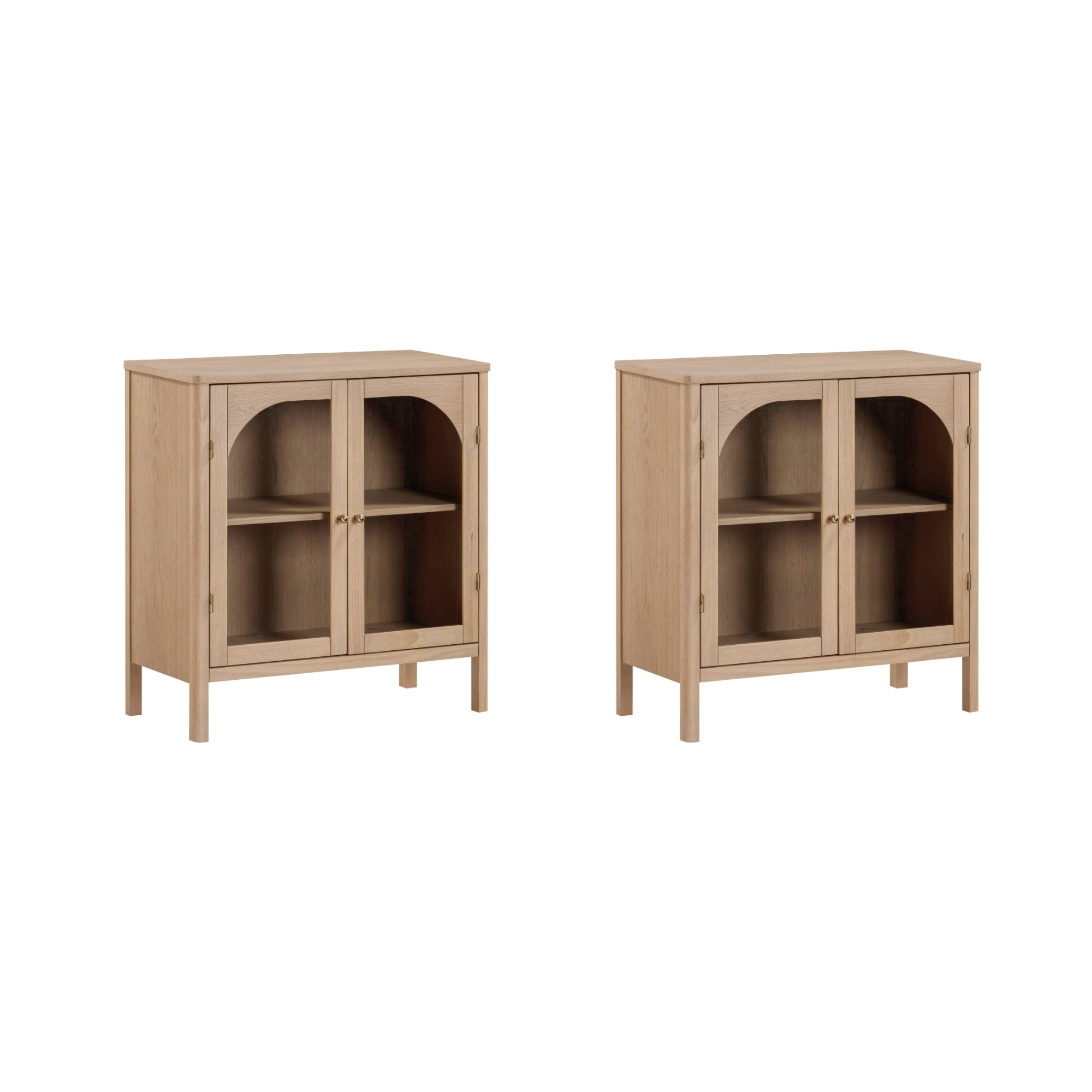 Two identical light wood cabinets with glass-front double doors and two internal shelves, placed side by side against a white background.
