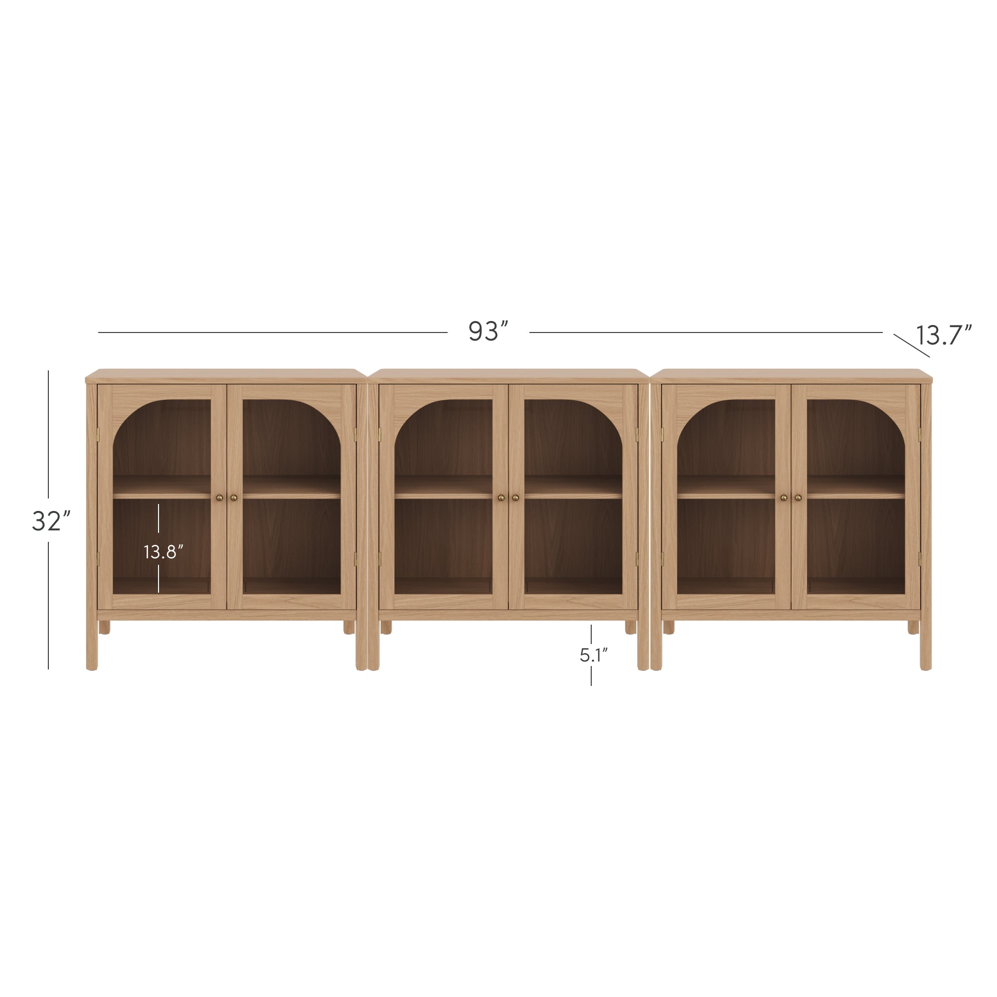 A light wood storage cabinet with three sections, each featuring double glass doors and two shelves. The cabinet measures 93 wide, 32 high, and 13.7 deep, with shelf heights labeled in the image.