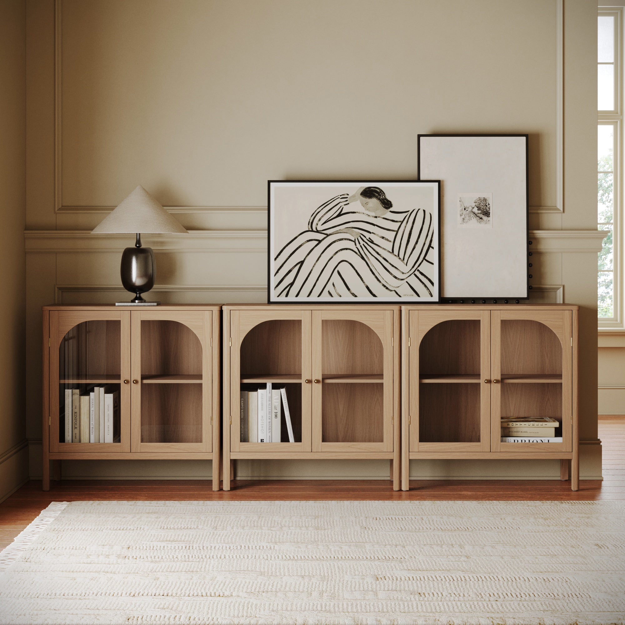 Curio Cabinet Credenza with Glass Door Raw Oak (Set of 3)