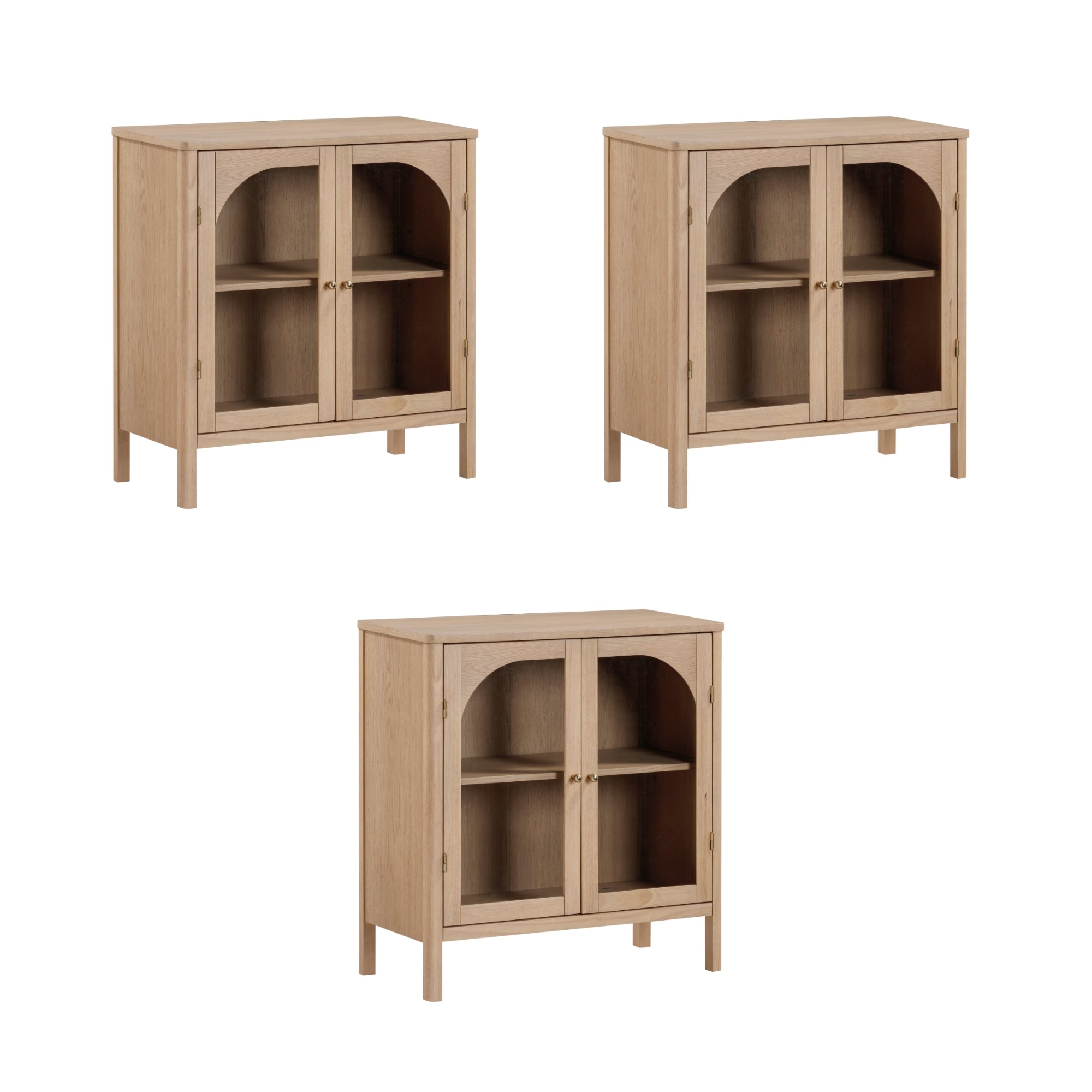 A light wood cabinet with two glass doors and interior shelves, shown from three angles: front, left-front, and right-front. The design is simple and modern with small round handles.