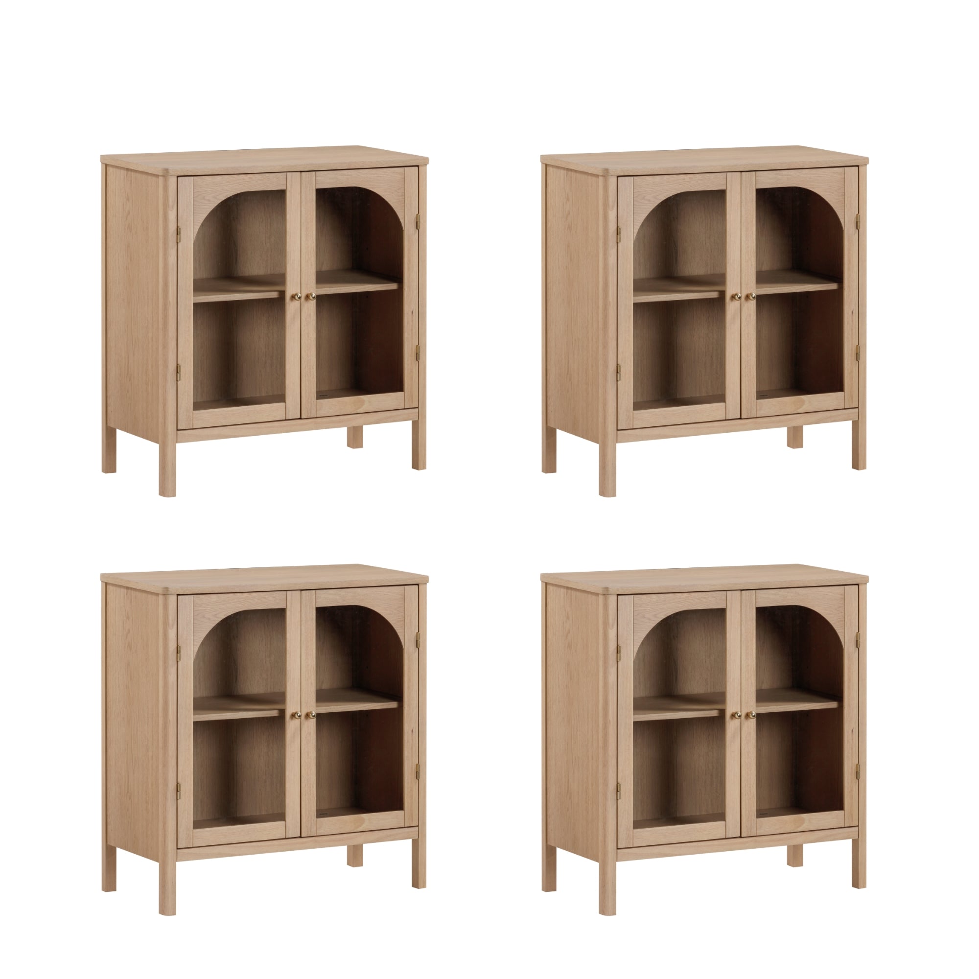 Four identical light wood cabinets with glass double doors, each featuring two interior shelves, are arranged in a two-by-two grid against a white background.