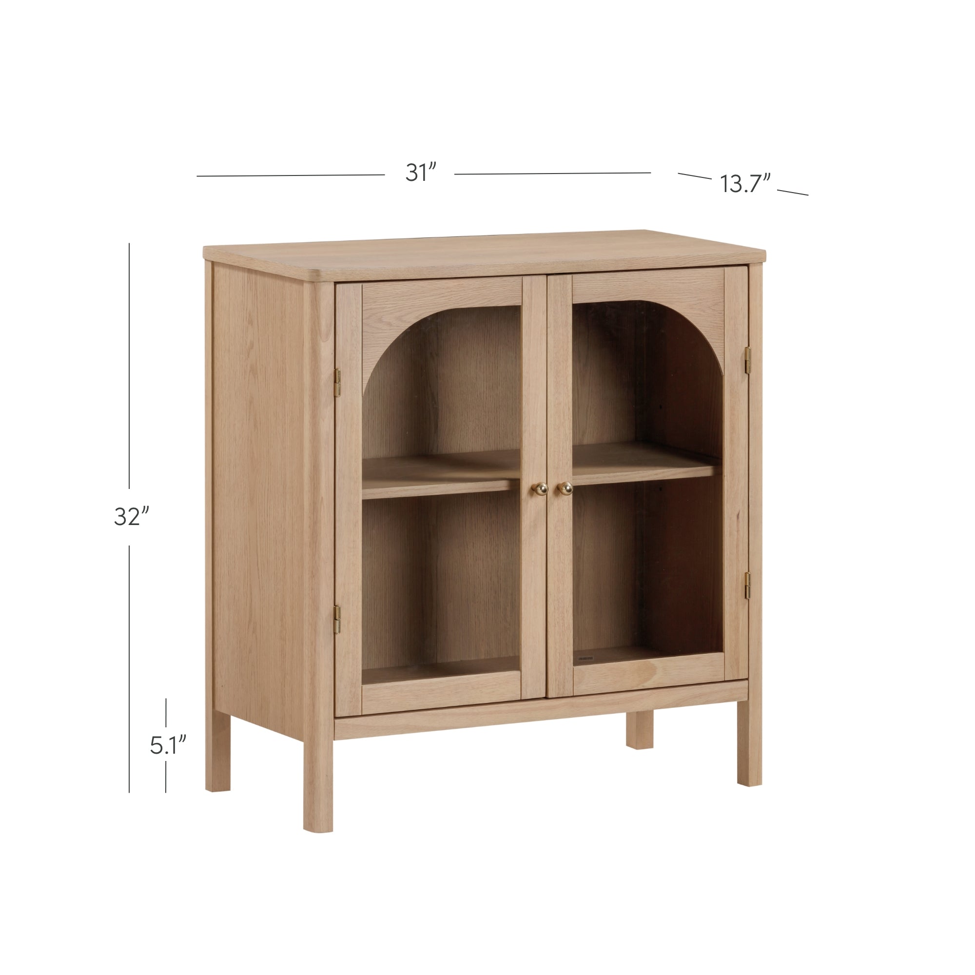 Light wood cabinet with two glass doors, gold knobs, and an interior shelf. The cabinet measures 31 inches wide, 32 inches high, and 13.7 inches deep, with the legs measuring 5.1 inches high.