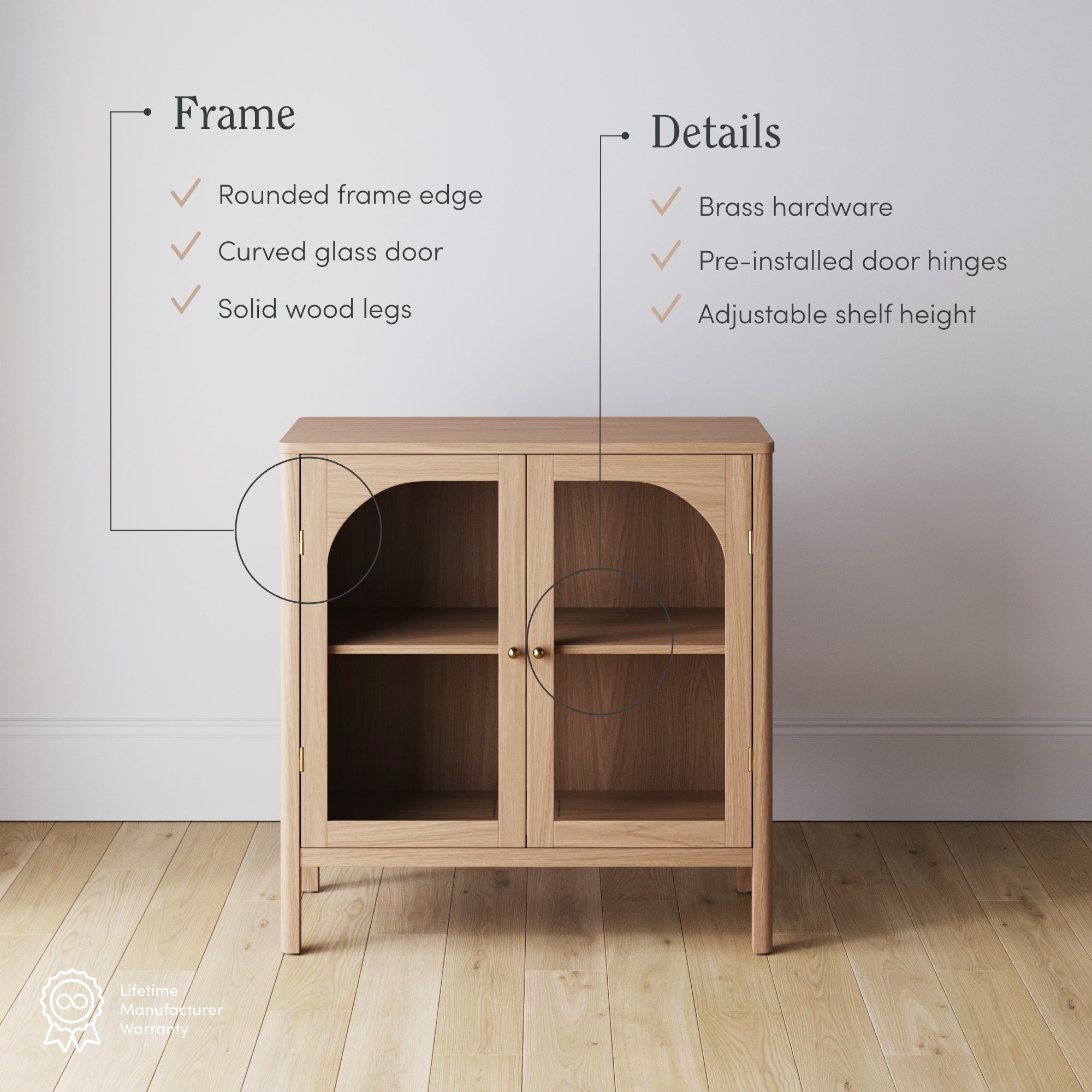 A light wood cabinet with glass doors and brass hardware is shown against a white wall. Text points out its features: rounded frame edge, curved glass door, solid wood legs, pre-installed hinges, and adjustable shelf height.
