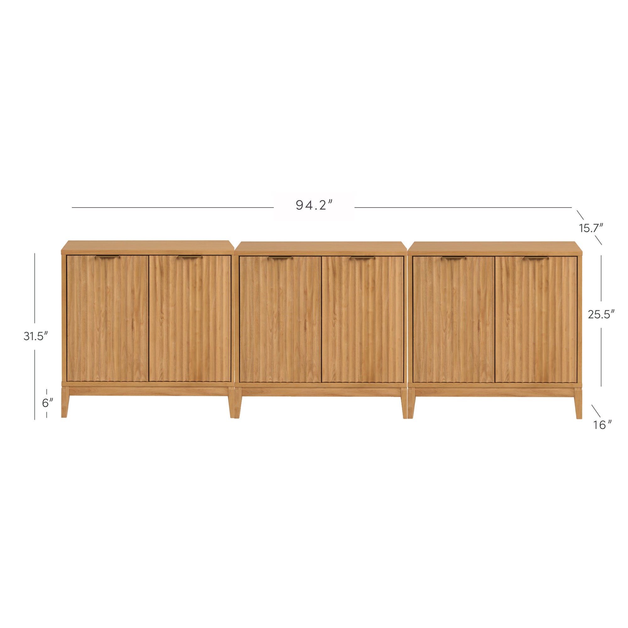 A wooden storage cabinet with three sections, each having double doors and vertical grooves. Dimensions are shown: 94.2 wide, 31.5 tall, 15.7 deep, with a 6 base and doors measuring 25.5 high by 16 wide.