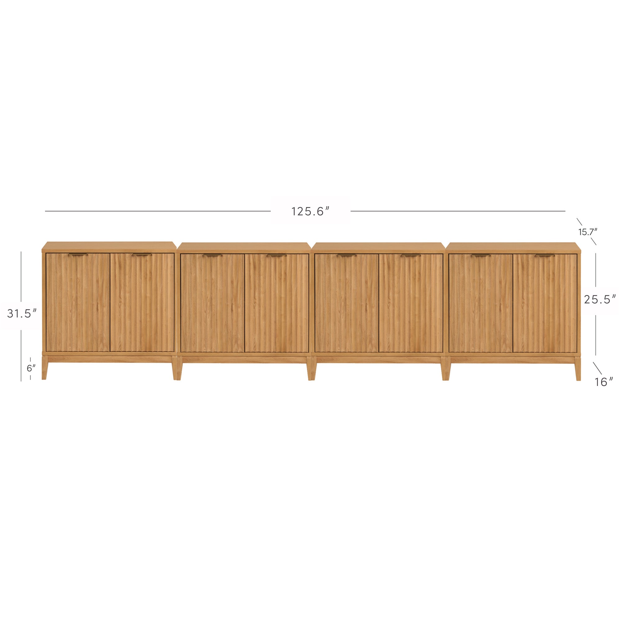 Long wooden cabinet with four sections, each with vertical slatted doors. Dimensions are marked: total width 125.6, height 31.5, cabinet depth 15.7, door height 25.5, and leg height 6.