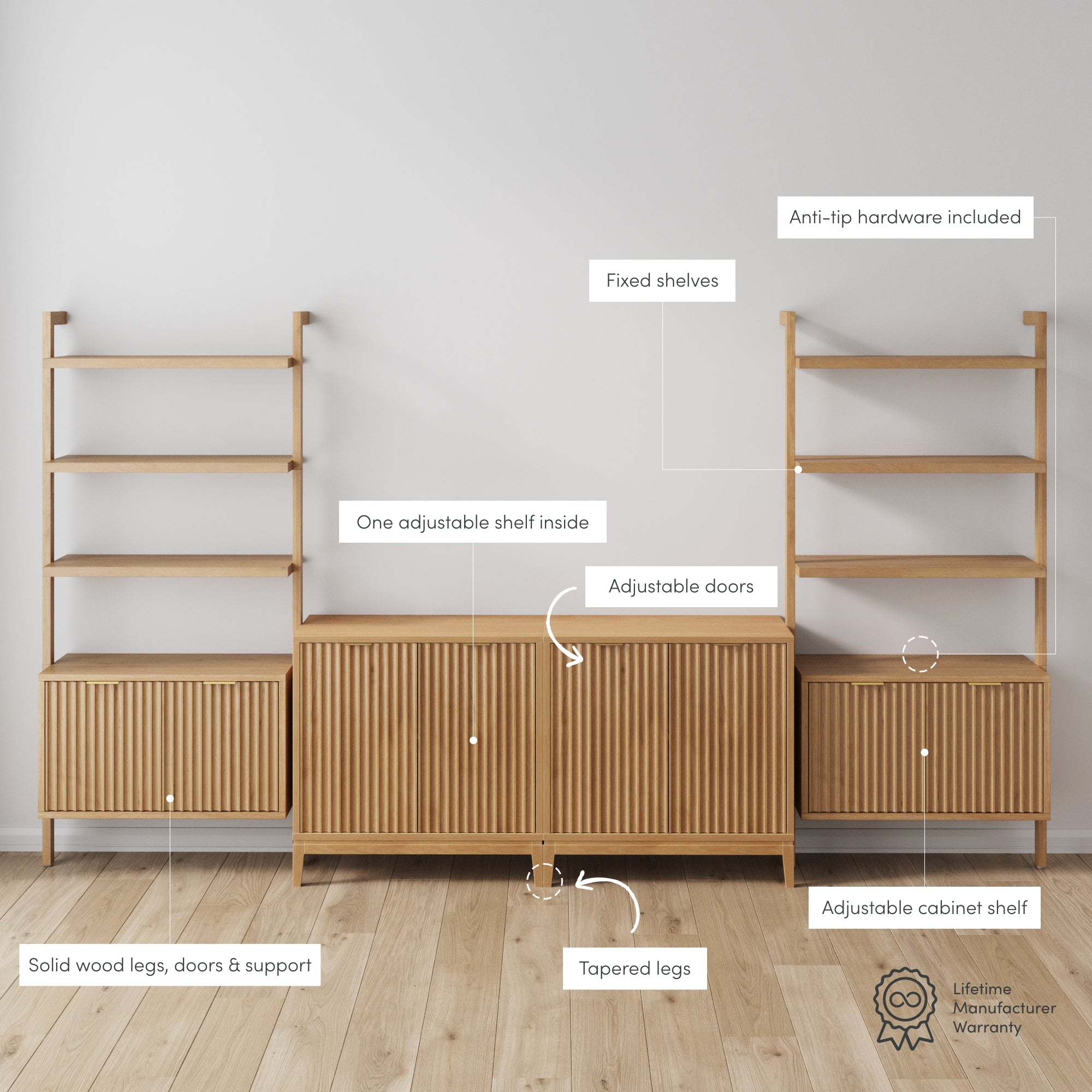 A modern wooden storage unit with shelves and cabinets. Labeled features include solid wood legs, fixed and adjustable shelves, adjustable doors, tapered legs, anti-tip hardware, and a lifetime warranty icon.