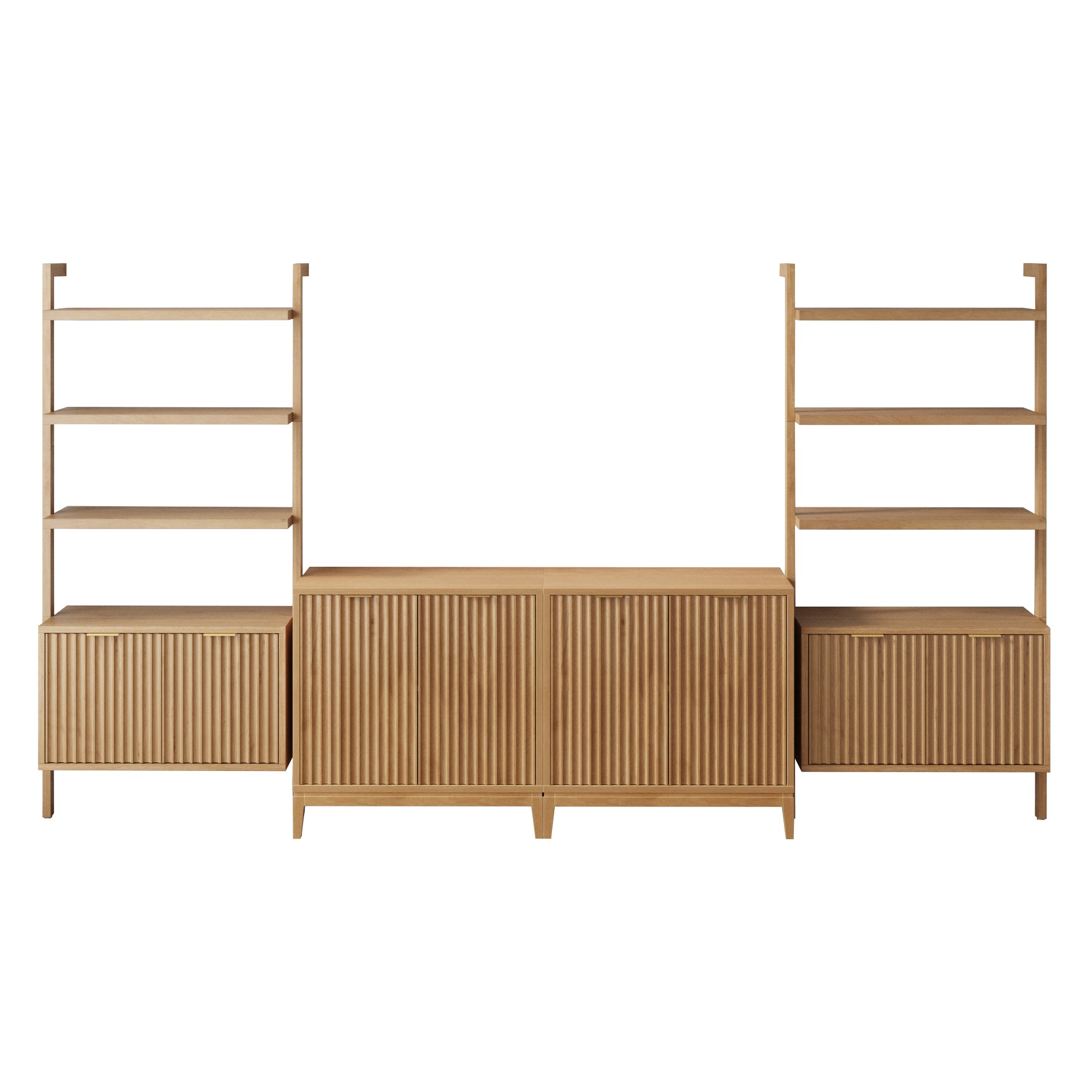 A modern wooden storage unit with fluted doors, featuring a central cabinet flanked by two open shelving units with cabinets at the bottom and three shelves above each.