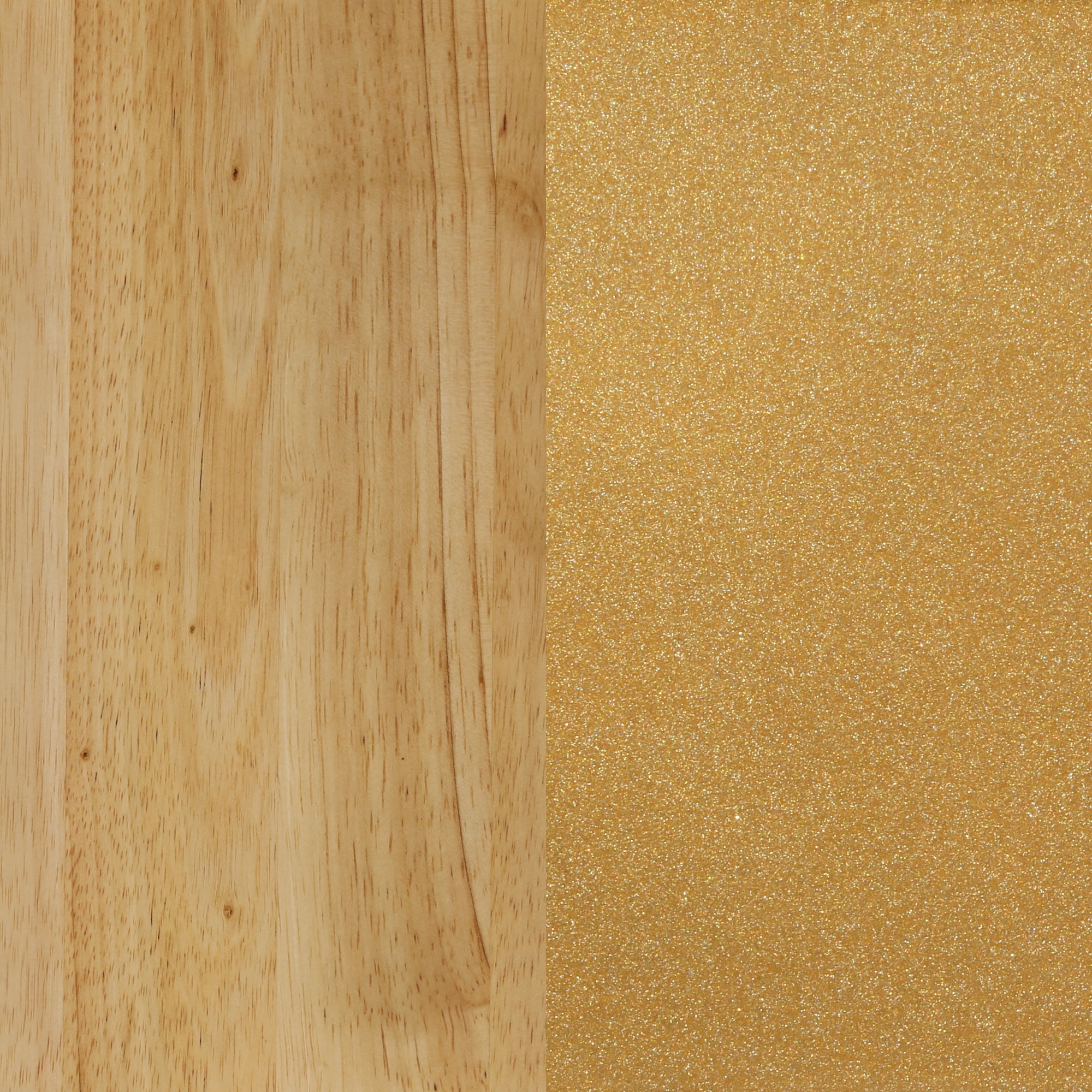 Side-by-side comparison of two surfaces: the left half shows a smooth, natural light wood texture, while the right half features a shiny, gold glitter texture.