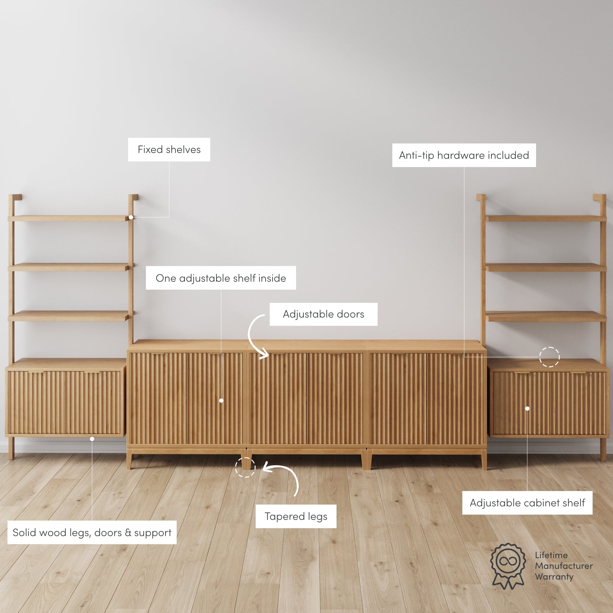 A modern wooden shelving and storage unit with fixed shelves, adjustable cabinet shelves, adjustable doors, solid wood legs, and anti-tip hardware. Feature labels highlight the tapered legs and a lifetime warranty emblem.