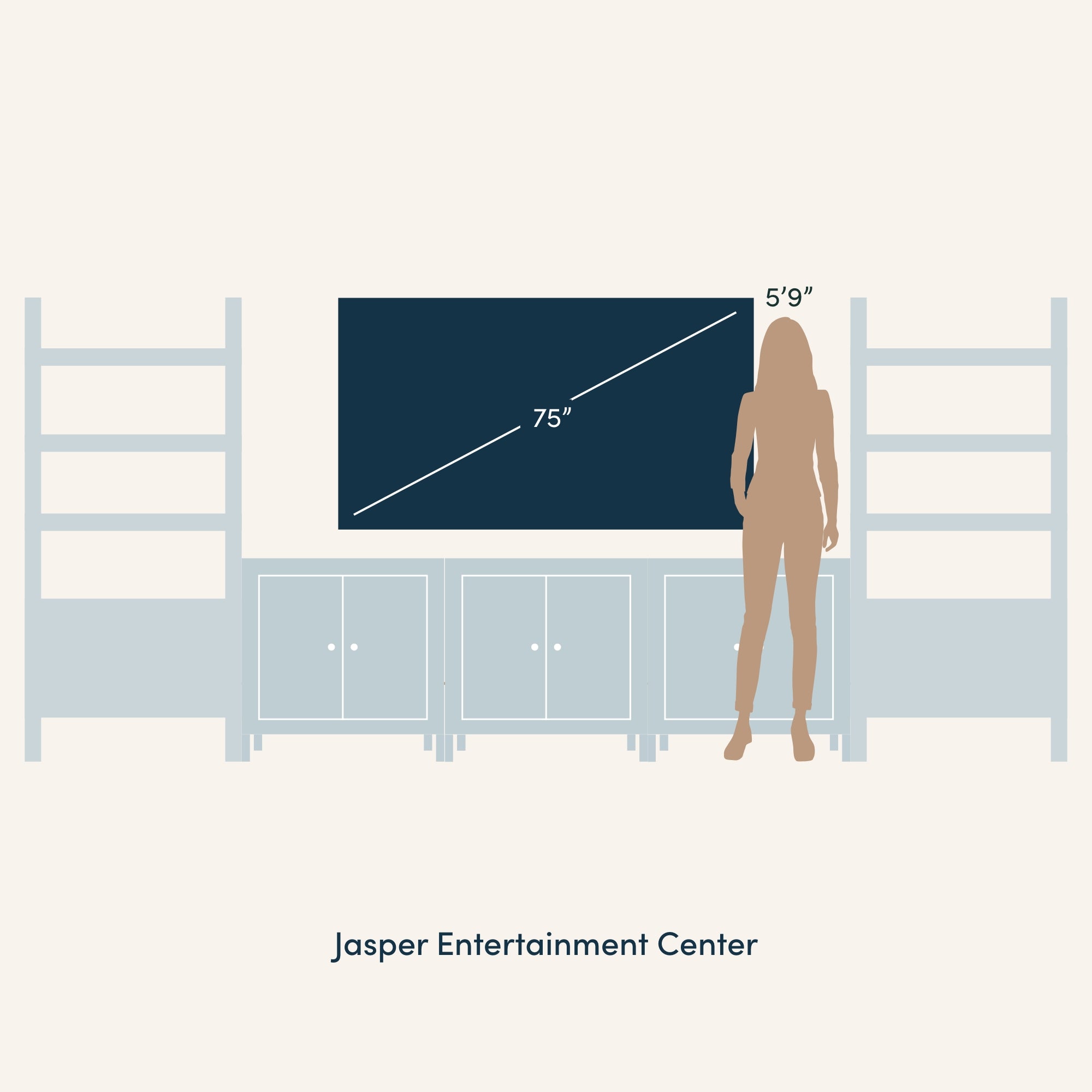 Diagram of a Jasper Entertainment Center with a 75-inch TV and a silhouette of a 59 person standing next to it for size comparison. Shelving units flank both sides of the entertainment center.