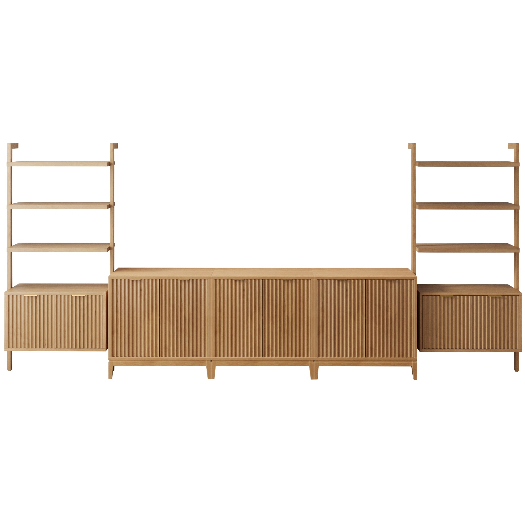 A modern wooden storage unit with vertical slats, featuring a central cabinet with four doors and two side sections, each with shelves above and a cabinet below. The design is minimalist and symmetrical.