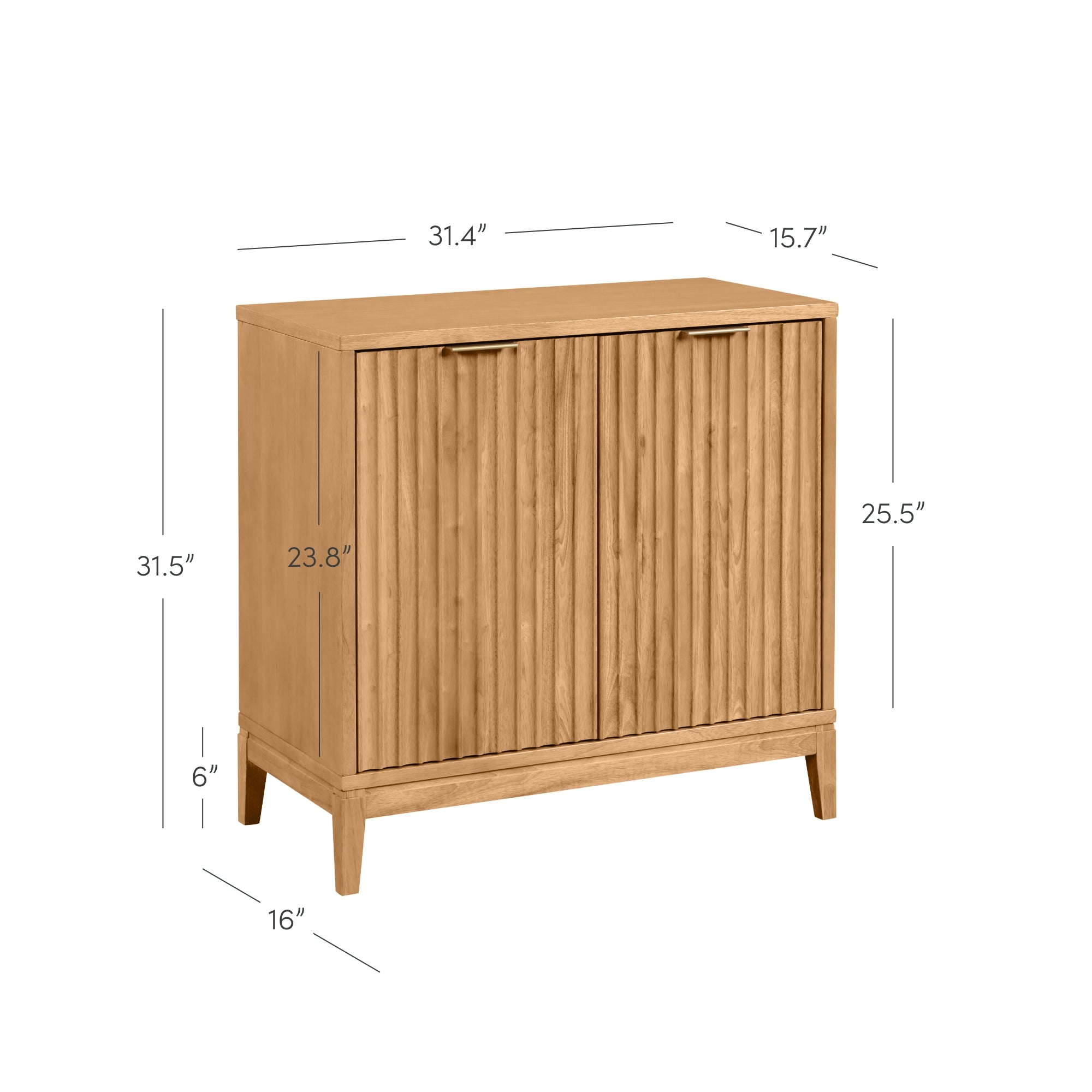 A wooden cabinet with vertical grooves on the doors, two handles, and four legs. Dimensions are labeled: 31.4 wide, 15.7 deep, 31.5 tall, 23.8 door height, 6 leg height, and 16 side depth.