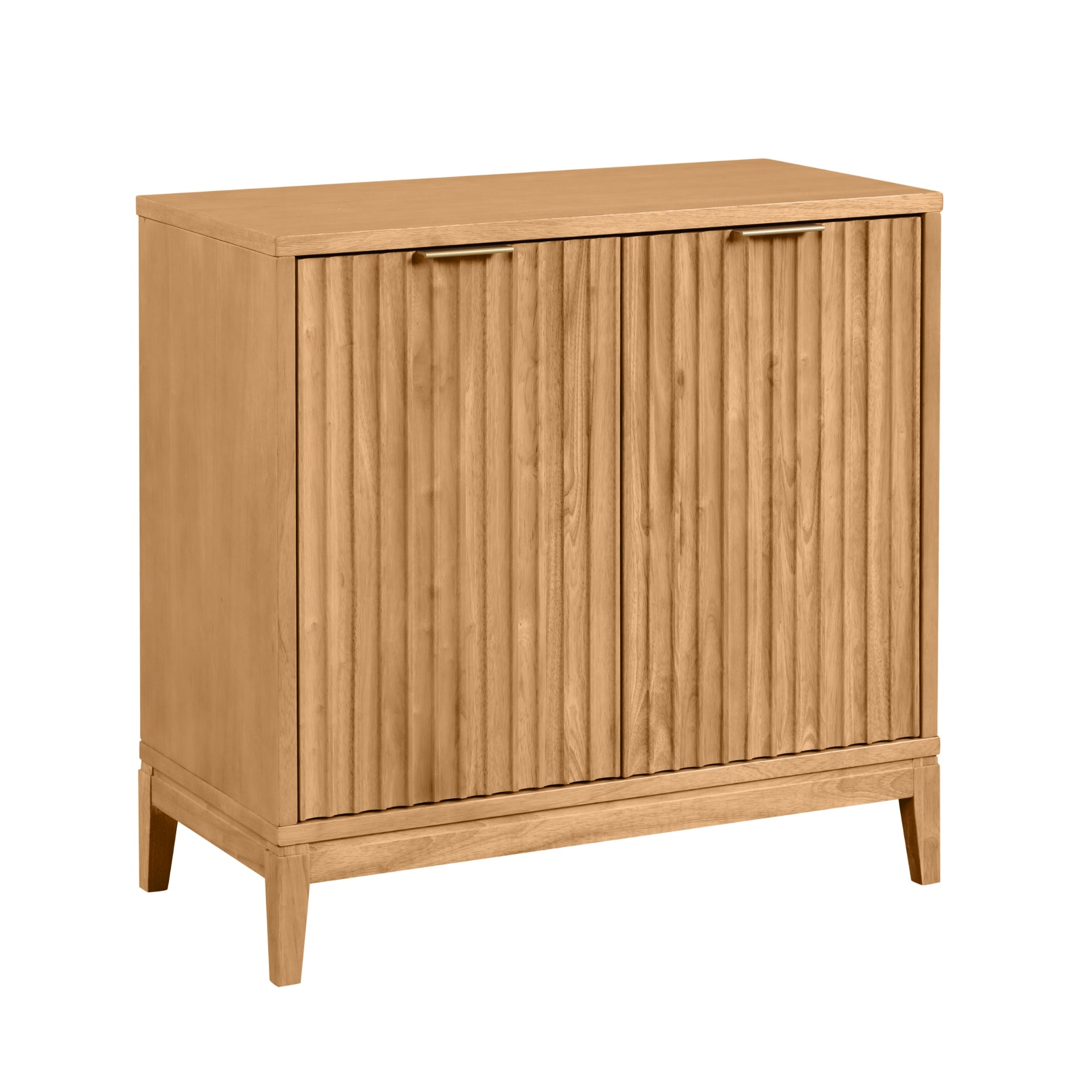 A light wood cabinet with two vertical grooved panel doors, slim handles, and four tapered legs, shown against a white background.