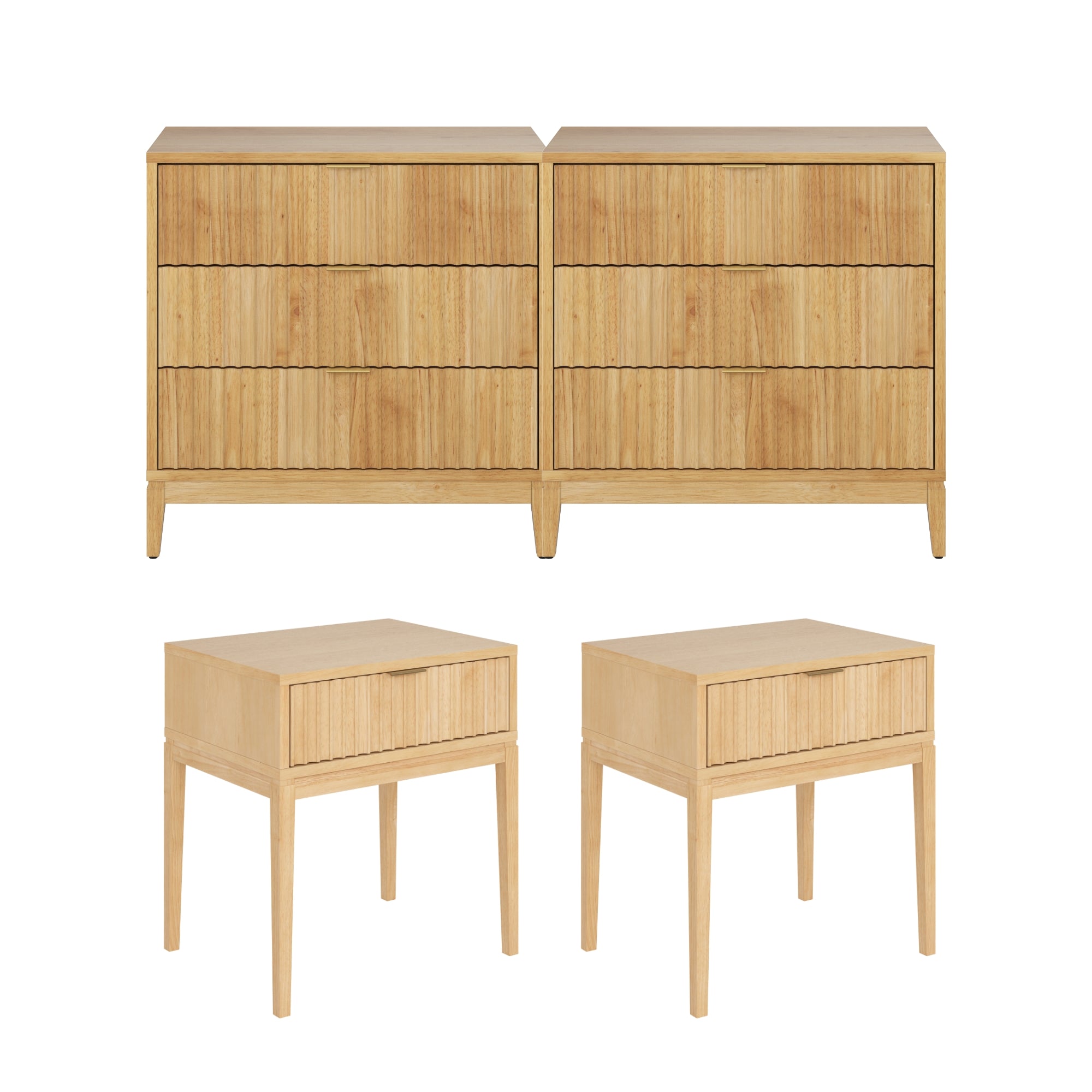 Four pieces of light wood bedroom furniture: two dressers with three drawers each on top, and two matching nightstands with single drawers below. All have a minimalist, modern design.