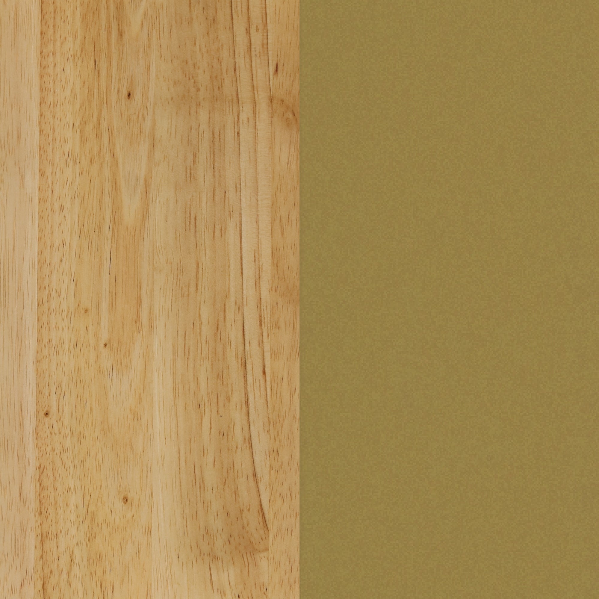 A split image showing natural light wood grain texture on the left and a solid olive green color on the right.