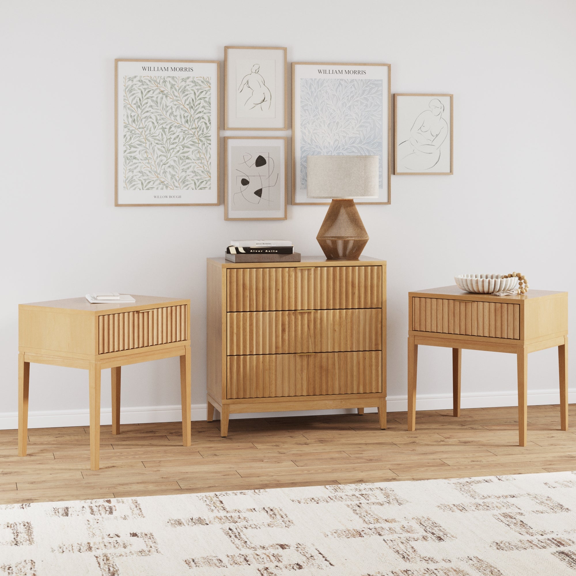nightstands and dresser set Fluted Dresser and 2 Nightstands Set Warm Pine