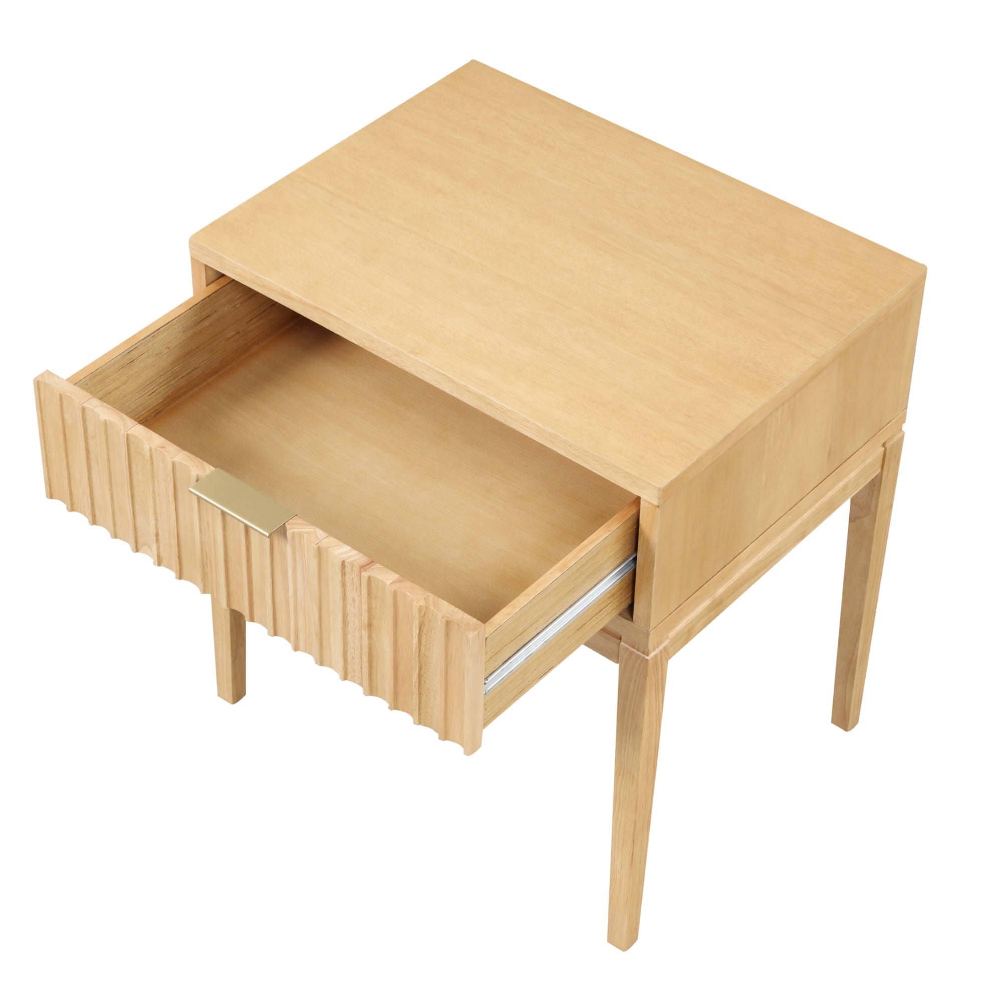 A light wood nightstand with four legs and a single drawer partially open, featuring a grooved front and a rectangular metal handle.