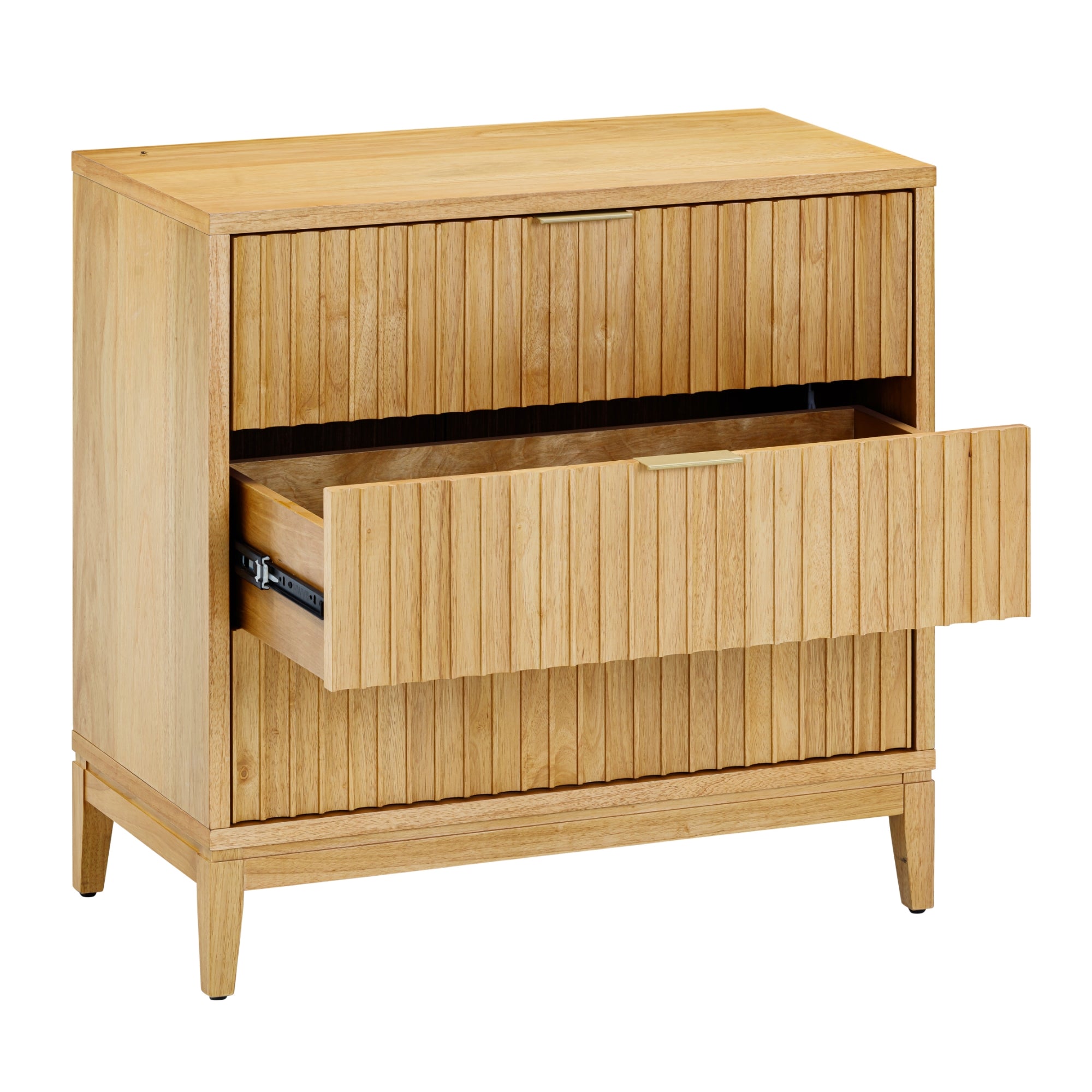 A light wood filing cabinet with vertical grooves on the surface, featuring two drawers; the top drawer is partially open, showing a modern and minimalist design.